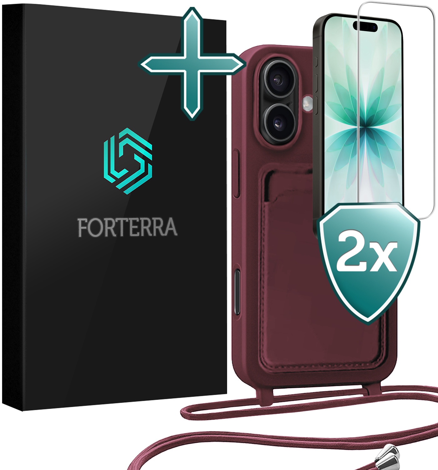 Forterra Forterra iPhone 17 Hoesje Pashouder met Koord Met 2x Screenprotector - Aubergine
