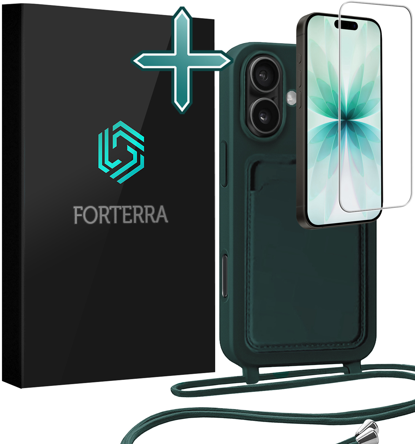 Forterra Forterra iPhone 17 Hoesje Pashouder met Koord Met Screenprotector - Donkergroen