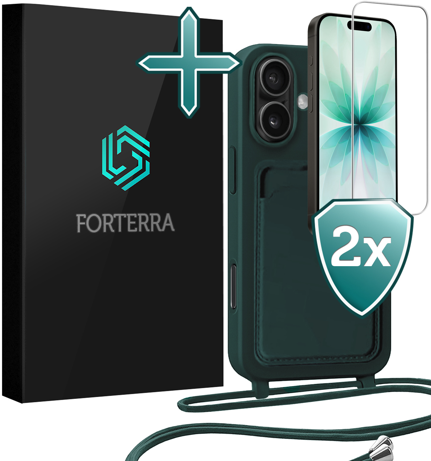 Forterra Forterra iPhone 17 Hoesje Pashouder met Koord Met 2x Screenprotector - Donkergroen