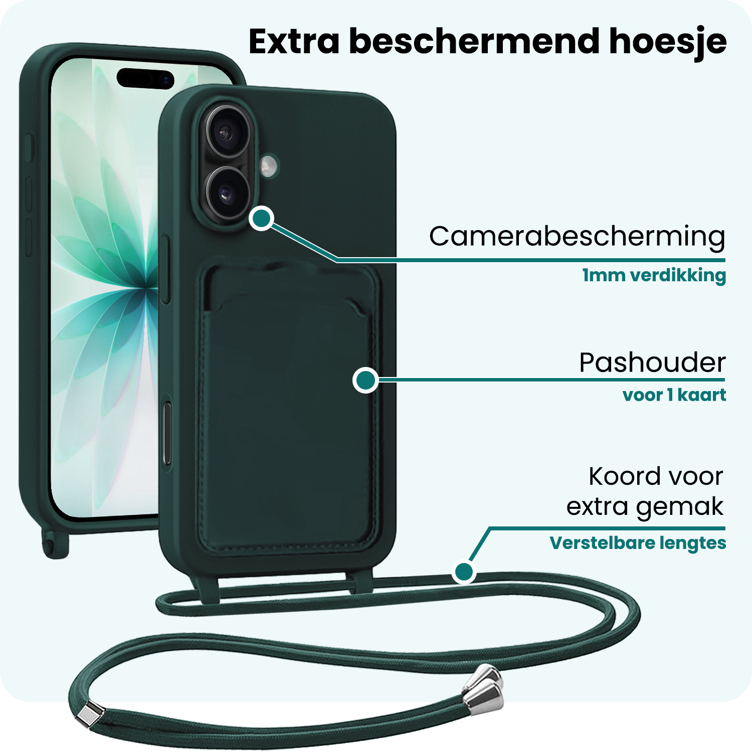 Forterra Forterra iPhone 17 Hoesje Pashouder met Koord Met 2x Screenprotector - Donkergroen