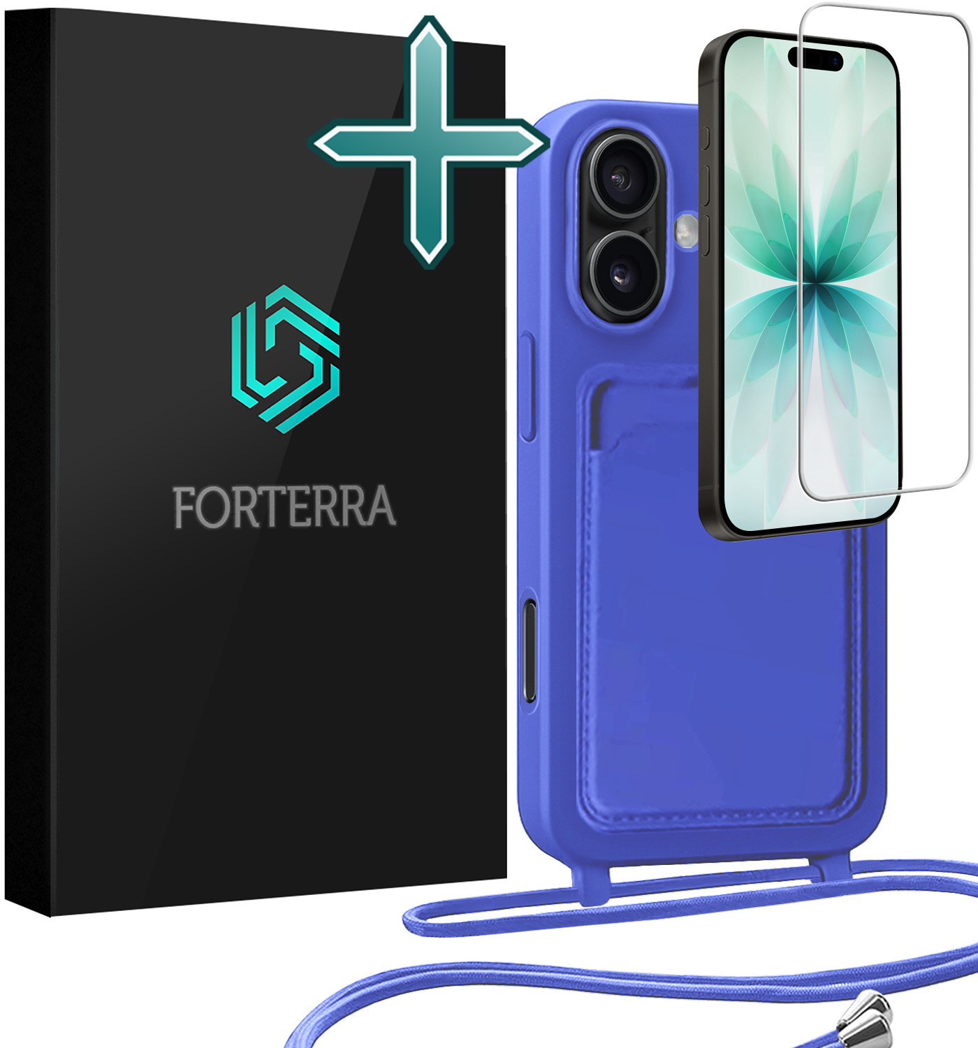 Forterra Forterra iPhone 17 Hoesje Pashouder met Koord Met Screenprotector - Fel Blauw