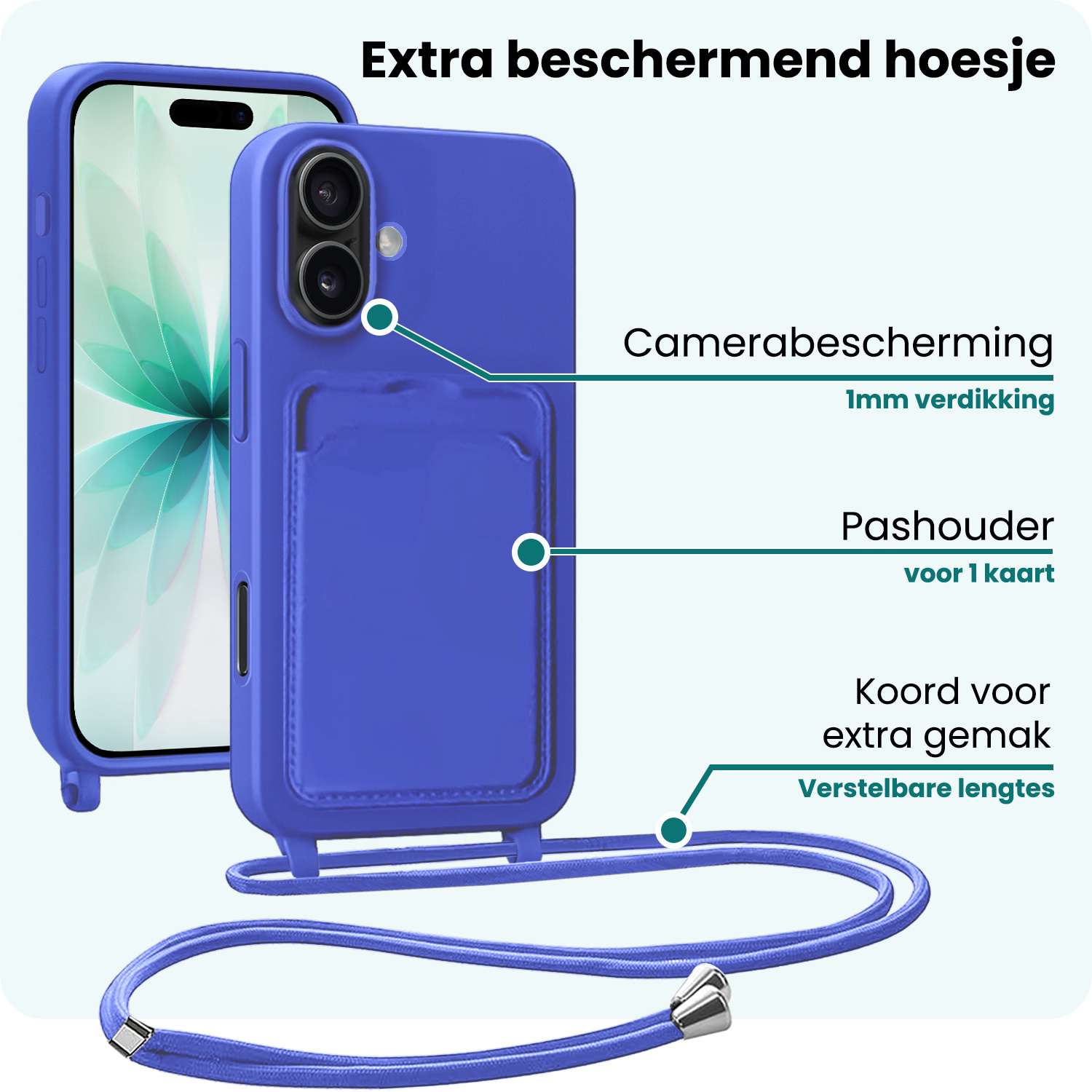 Forterra Forterra iPhone 17 Hoesje Pashouder met Koord Met Screenprotector - Fel Blauw