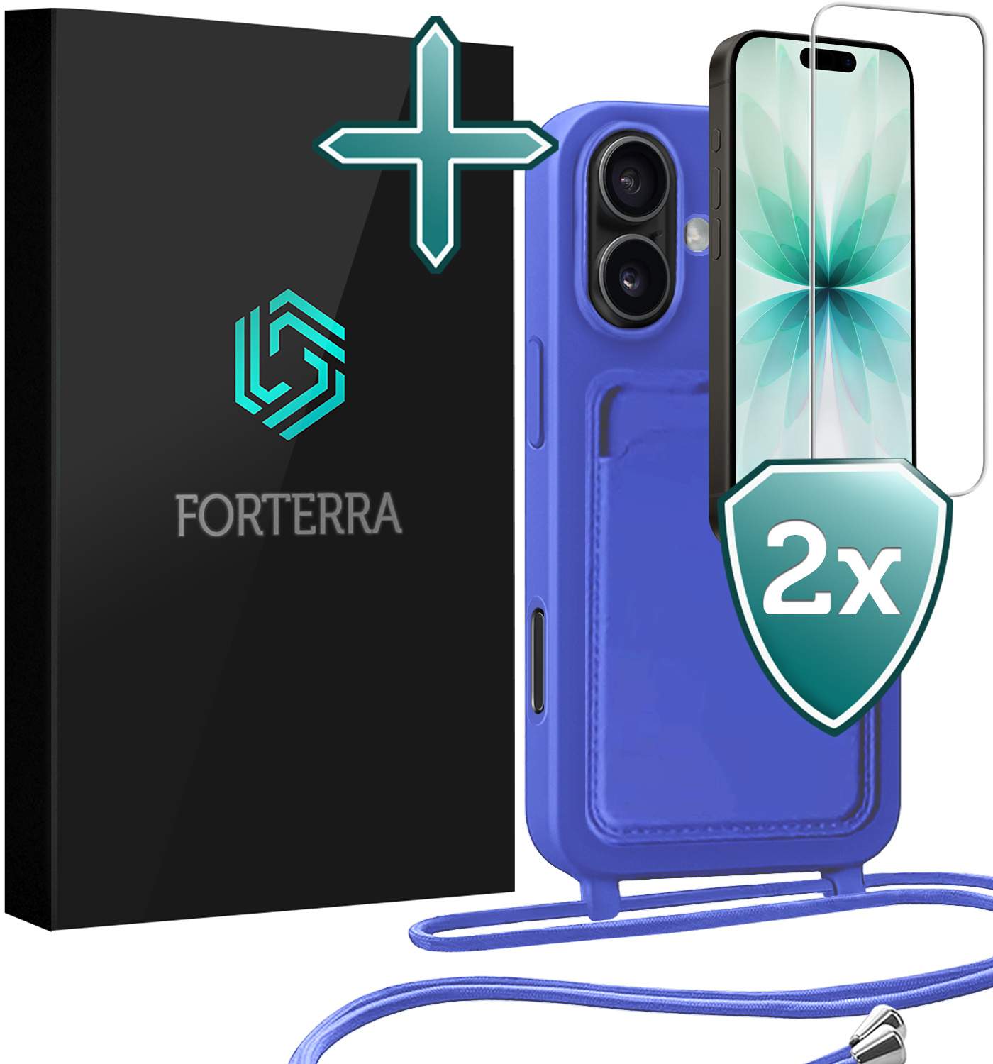 Forterra Forterra iPhone 17 Hoesje Pashouder met Koord Met 2x Screenprotector - Fel Blauw