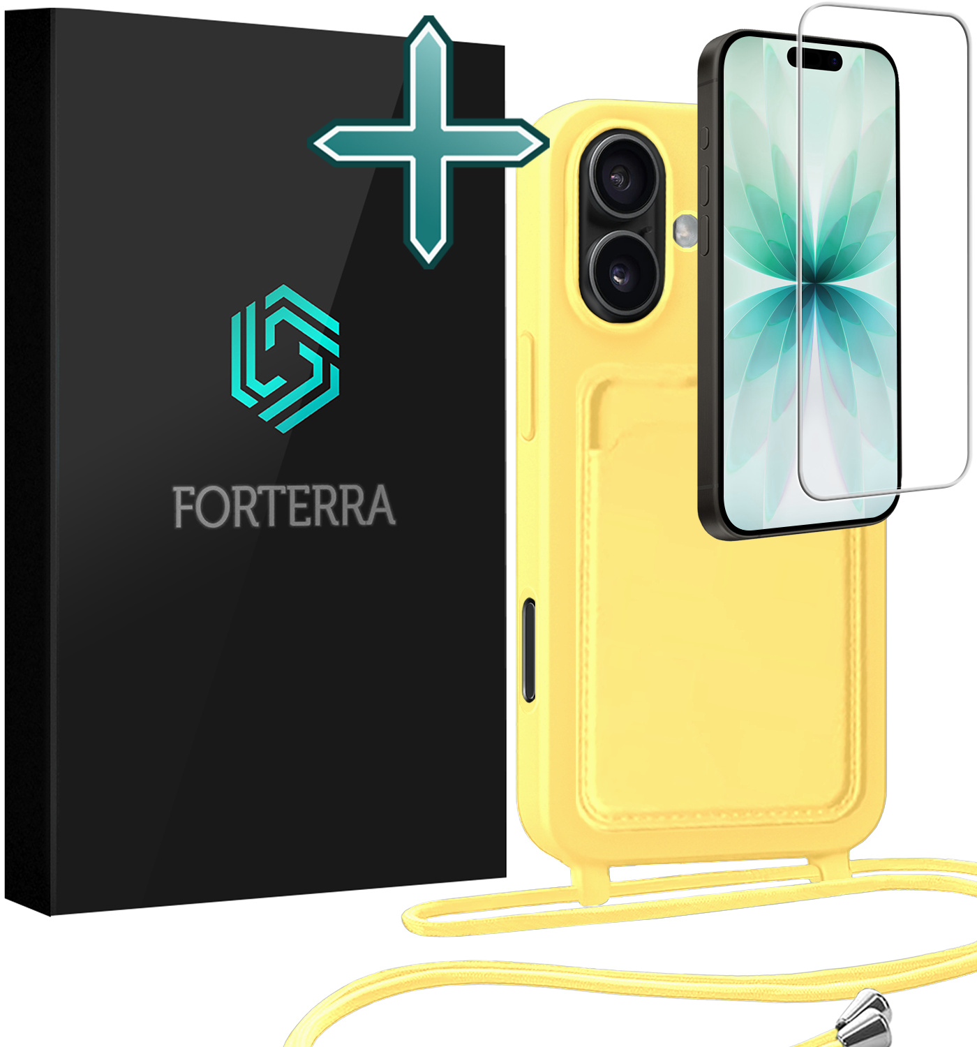 Forterra Forterra iPhone 17 Hoesje Pashouder met Koord Met Screenprotector - Geel