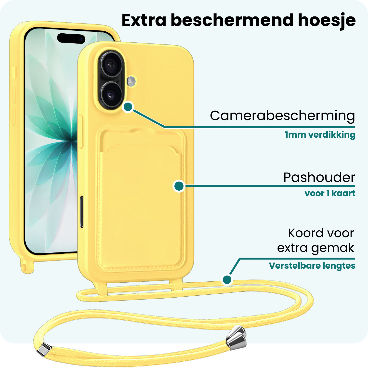 Forterra Forterra iPhone 17 Hoesje Pashouder met Koord Met Screenprotector - Geel