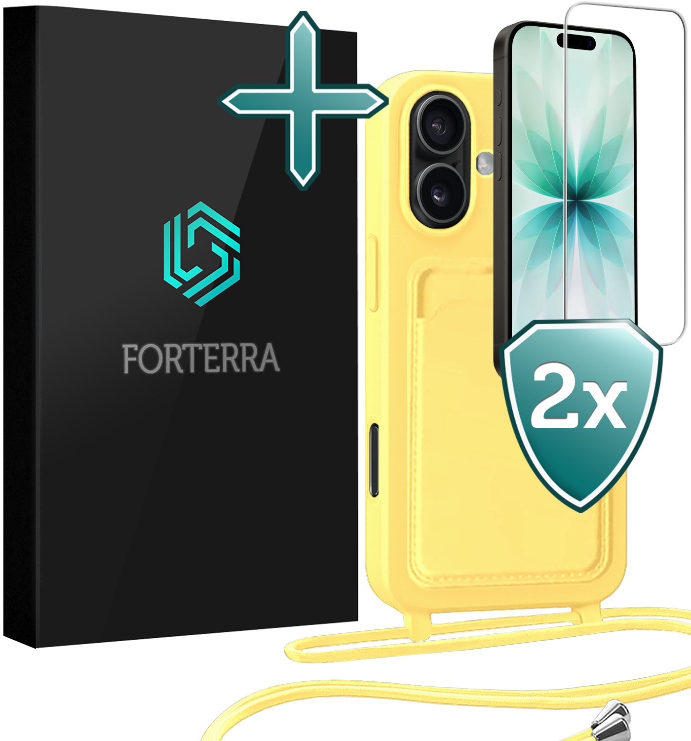 Forterra Forterra iPhone 17 Hoesje Pashouder met Koord Met 2x Screenprotector - Geel
