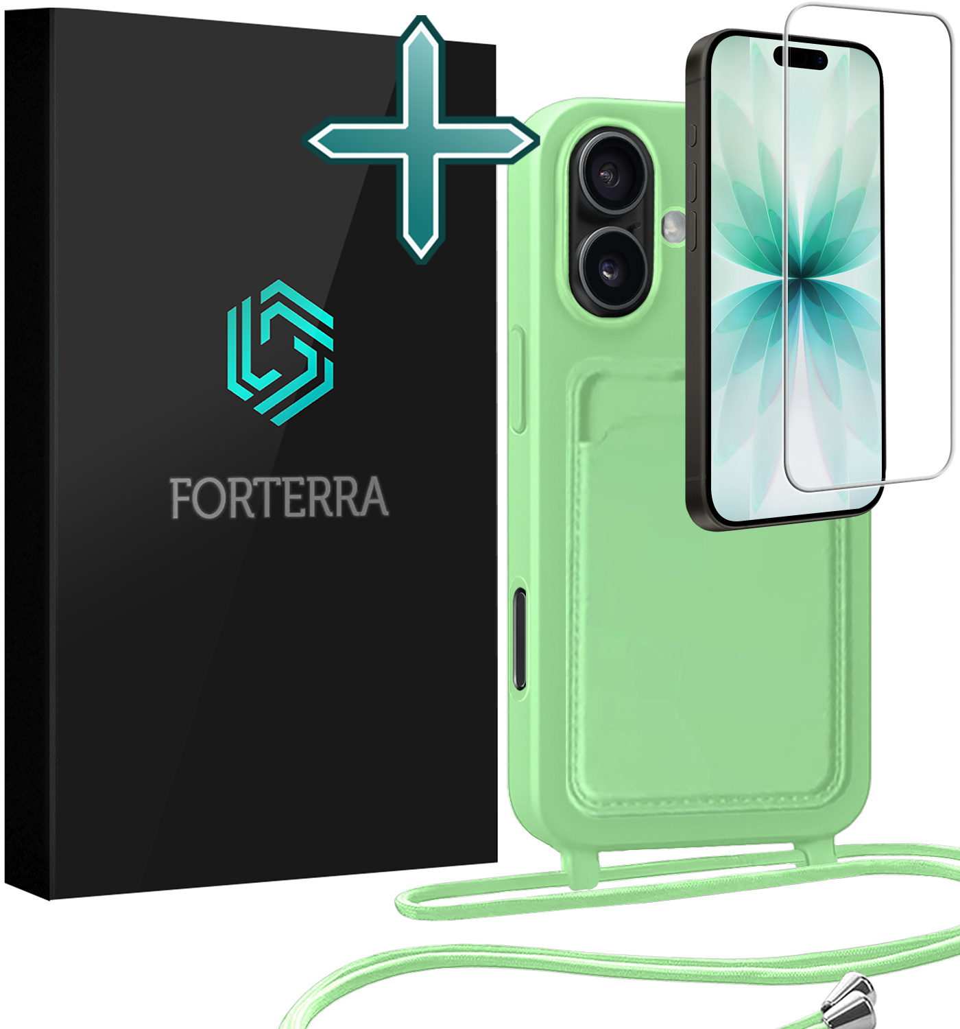 Forterra Forterra iPhone 17 Hoesje Pashouder met Koord Met Screenprotector - Groen