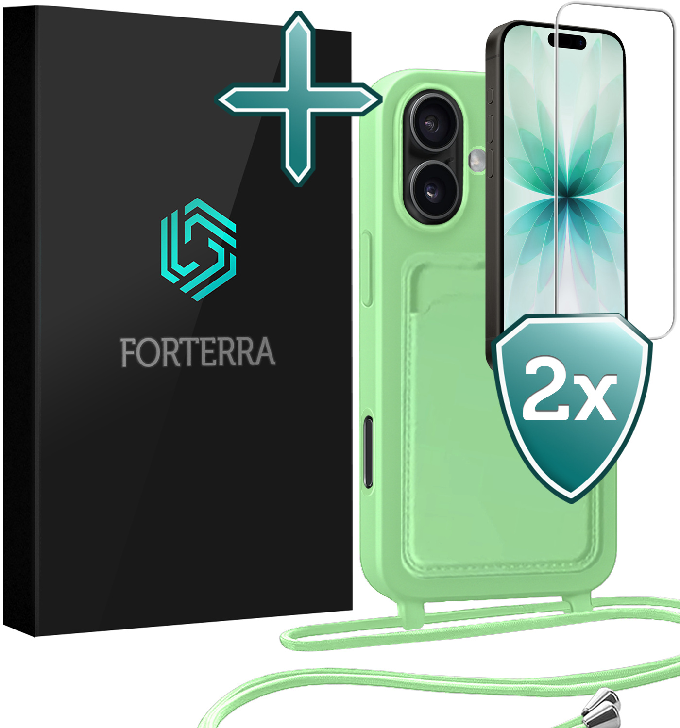 Forterra Forterra iPhone 17 Hoesje Pashouder met Koord Met 2x Screenprotector - Groen