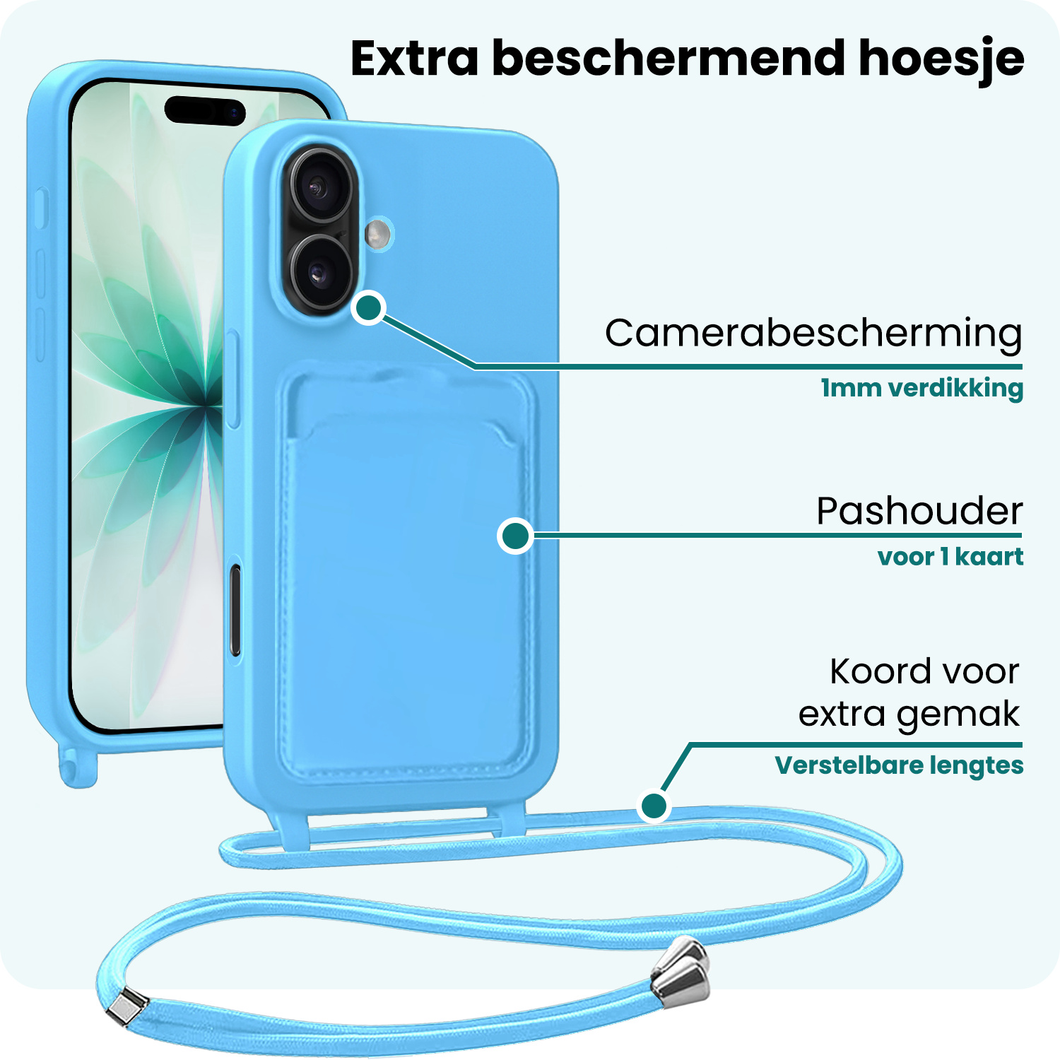 Forterra Forterra iPhone 17 Hoesje Pashouder met Koord - Lichtblauw
