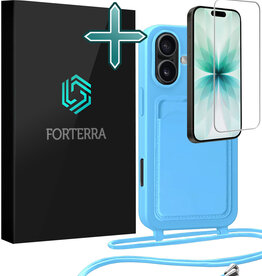 Forterra Forterra iPhone 17 Hoesje Pashouder met Koord Met Screenprotector - Lichtblauw