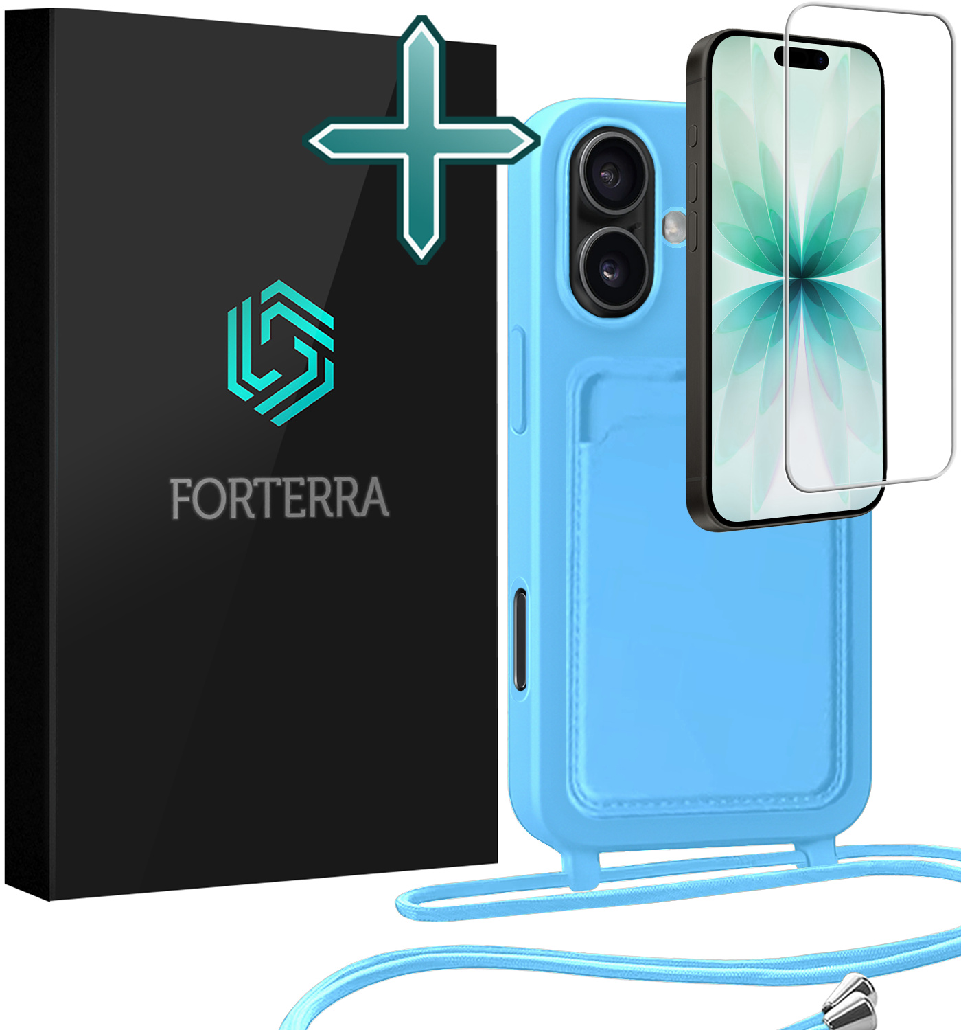 Forterra Forterra iPhone 17 Hoesje Pashouder met Koord Met Screenprotector - Lichtblauw