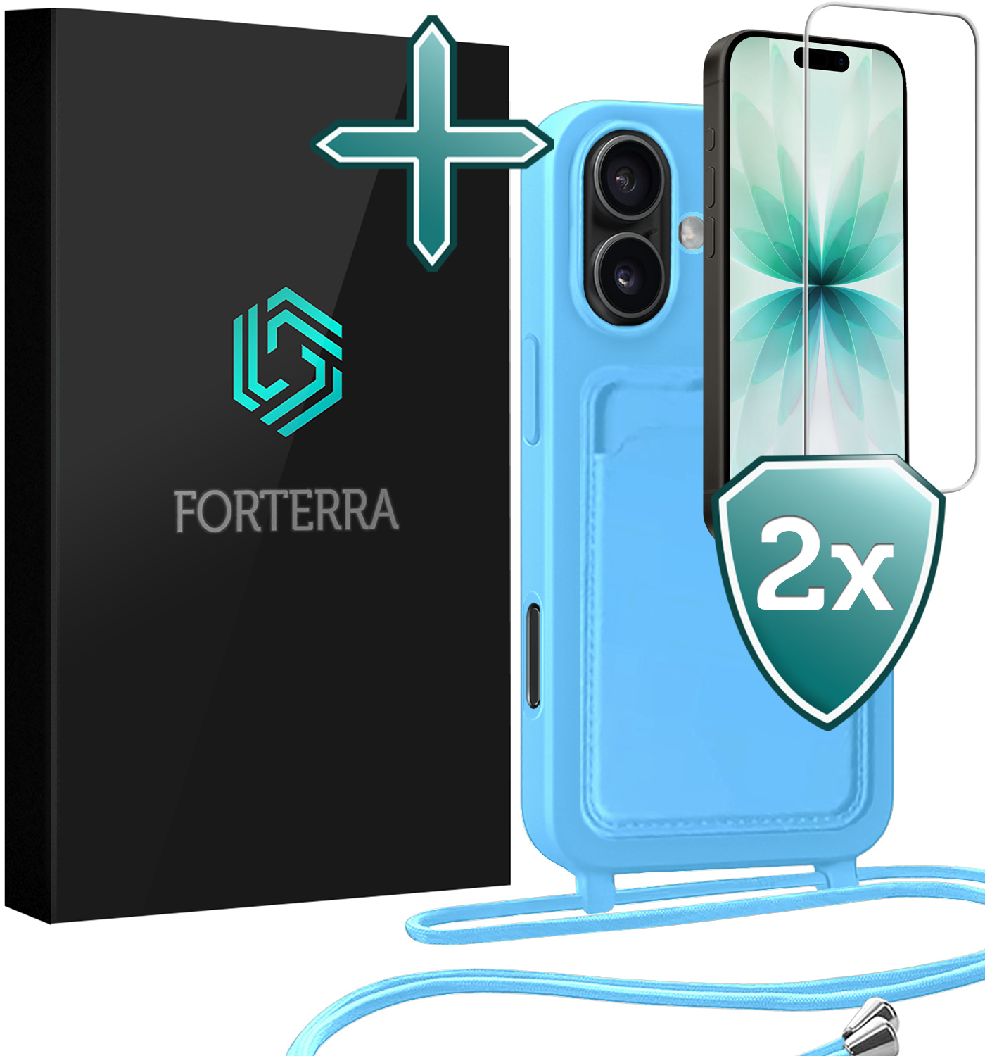 Forterra Forterra iPhone 17 Hoesje Pashouder met Koord Met 2x Screenprotector - Lichtblauw