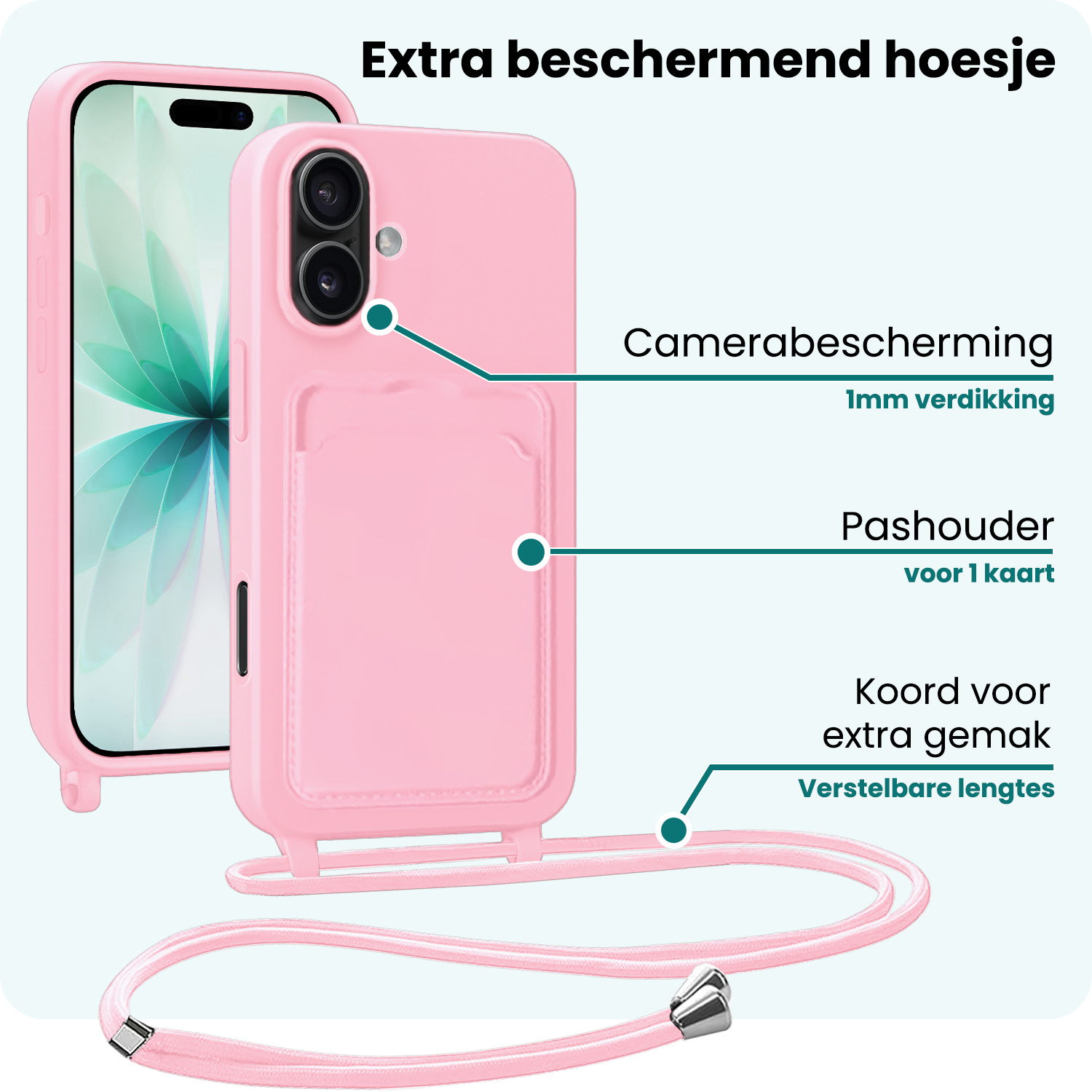 Forterra Forterra iPhone 17 Hoesje Pashouder met Koord - Lichtroze - 2 PACK