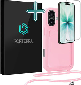 Forterra Forterra iPhone 17 Hoesje Pashouder met Koord Met Screenprotector - Lichtroze