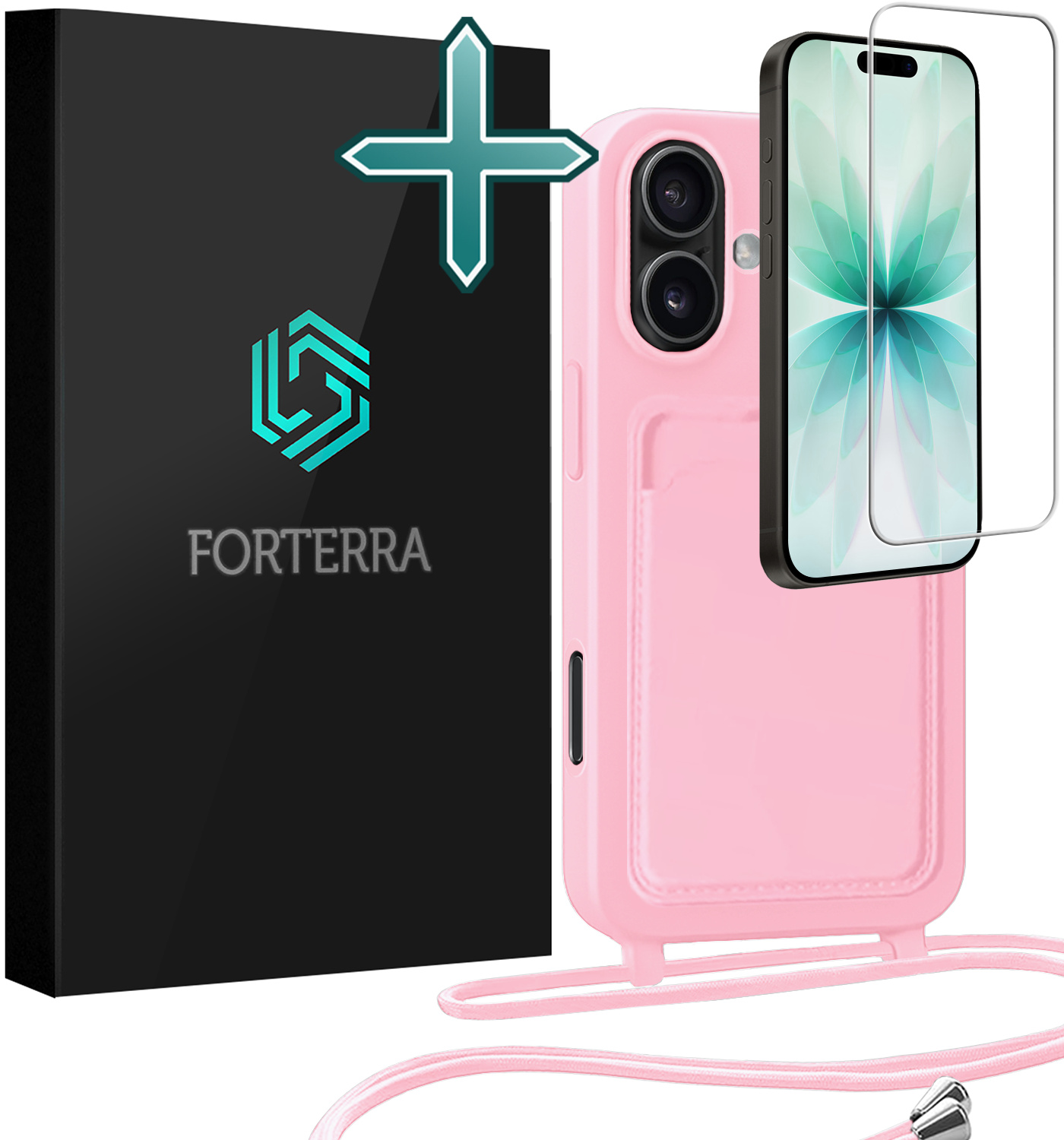 Forterra Forterra iPhone 17 Hoesje Pashouder met Koord Met Screenprotector - Lichtroze