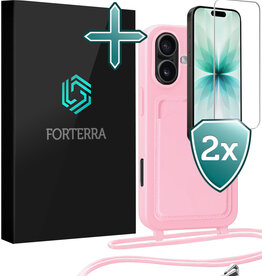 Forterra Forterra iPhone 17 Hoesje Pashouder met Koord Met 2x Screenprotector - Lichtroze