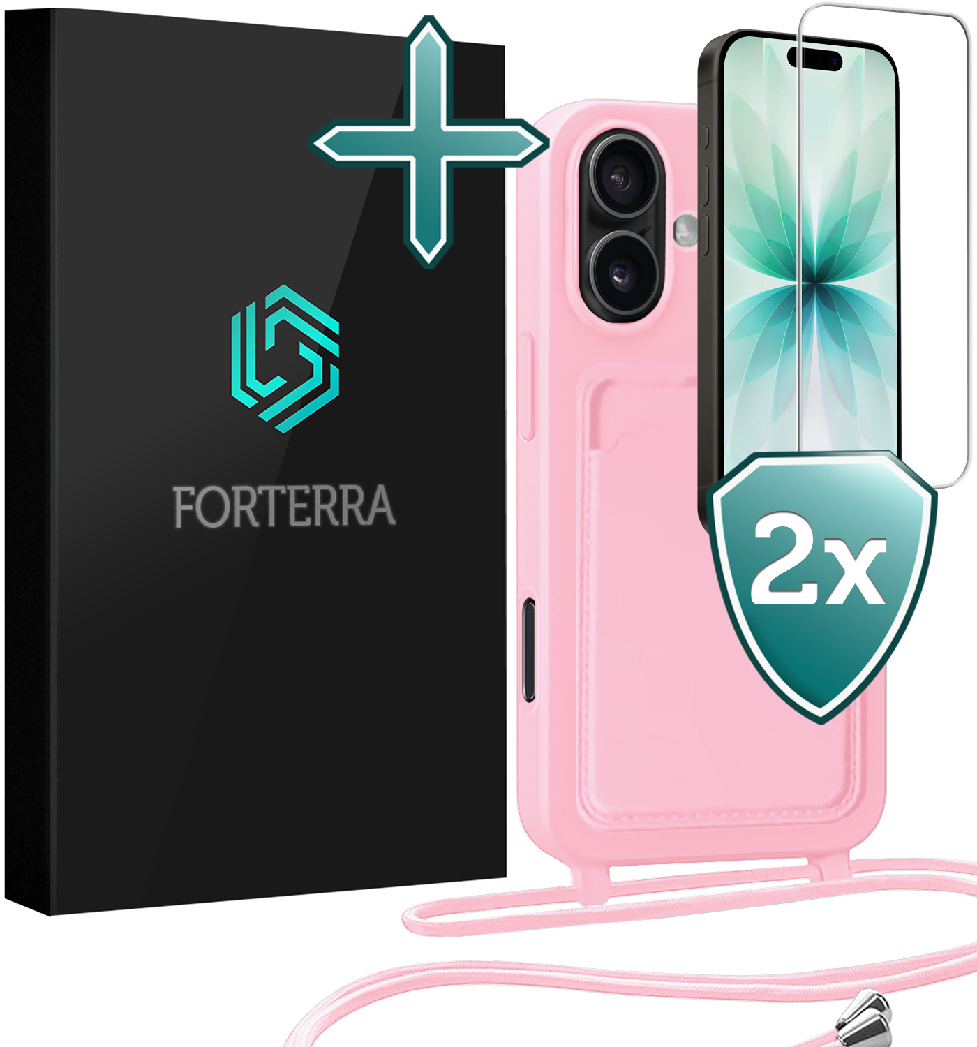 Forterra Forterra iPhone 17 Hoesje Pashouder met Koord Met 2x Screenprotector - Lichtroze