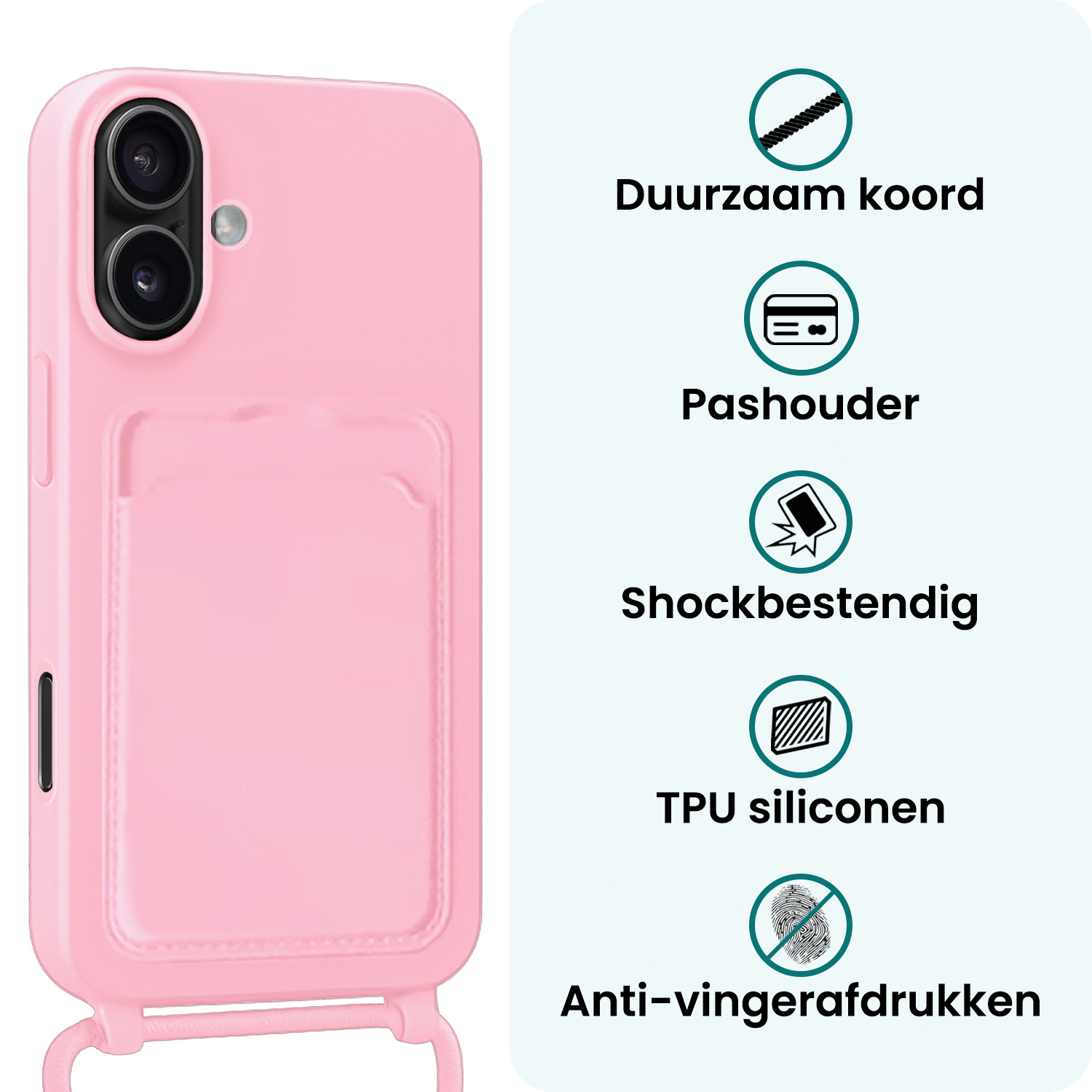 Forterra Forterra iPhone 17 Hoesje Pashouder met Koord Met 2x Screenprotector - Lichtroze