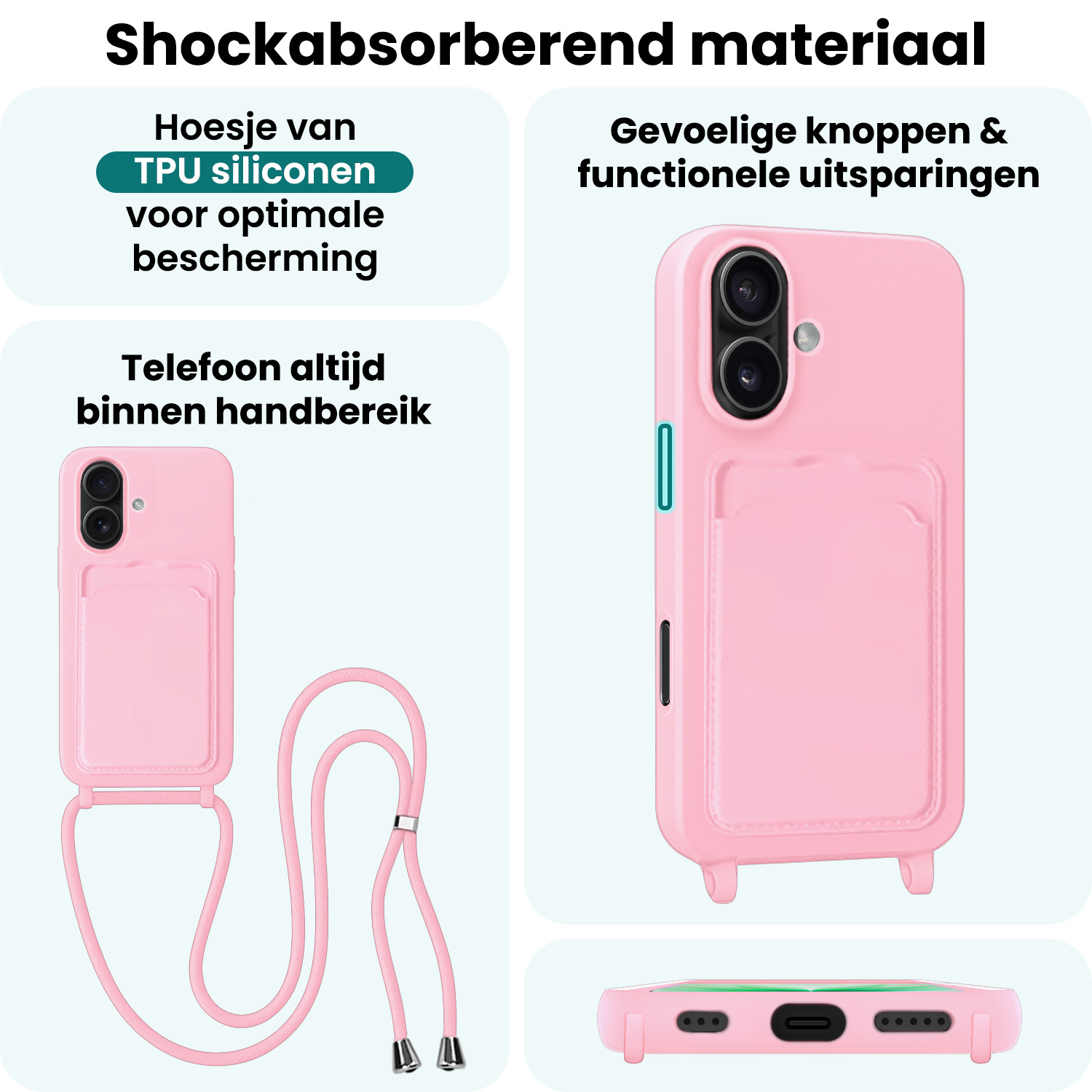 Forterra Forterra iPhone 17 Hoesje Pashouder met Koord Met 2x Screenprotector - Lichtroze