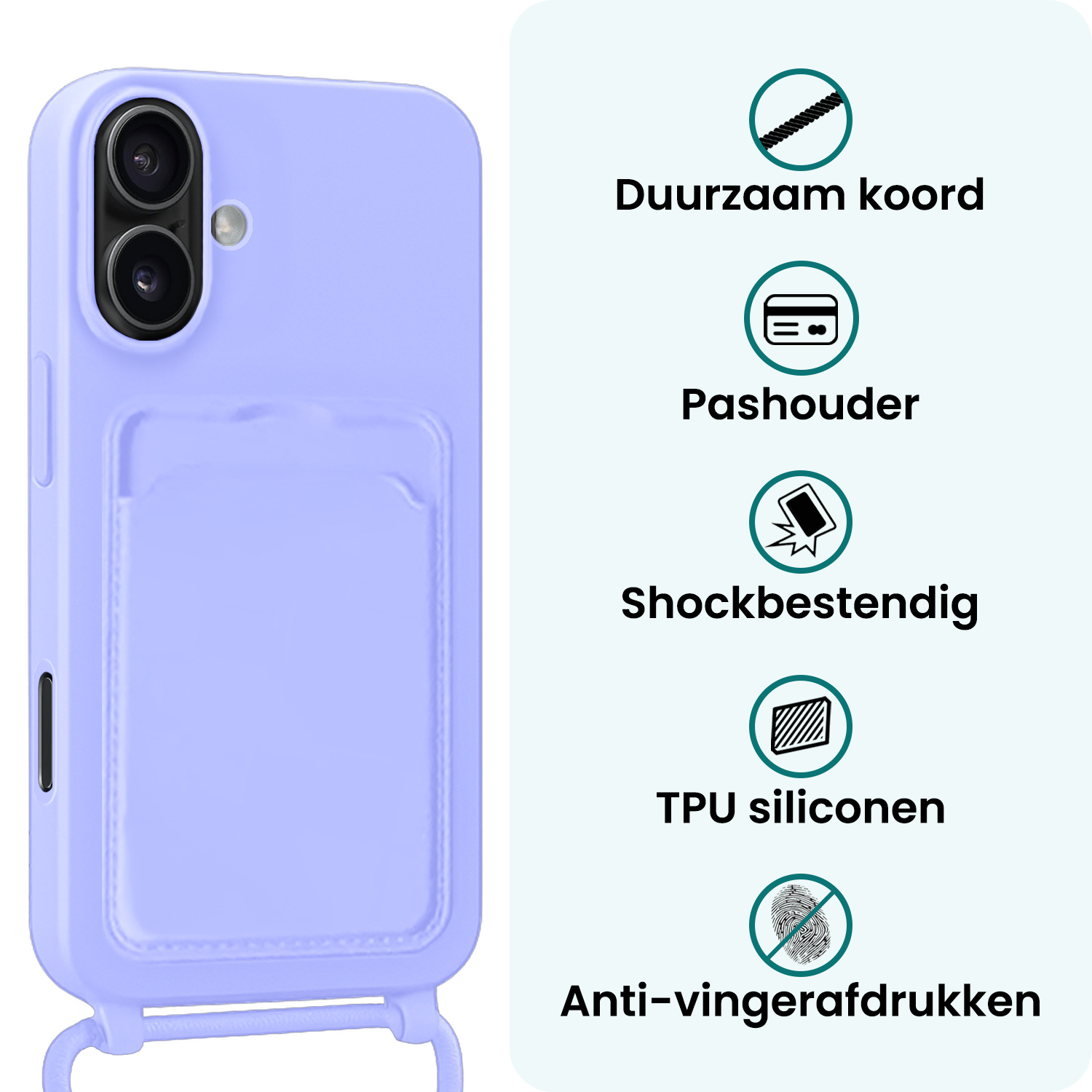 Forterra Forterra iPhone 17 Hoesje Pashouder met Koord Met Screenprotector - Lila