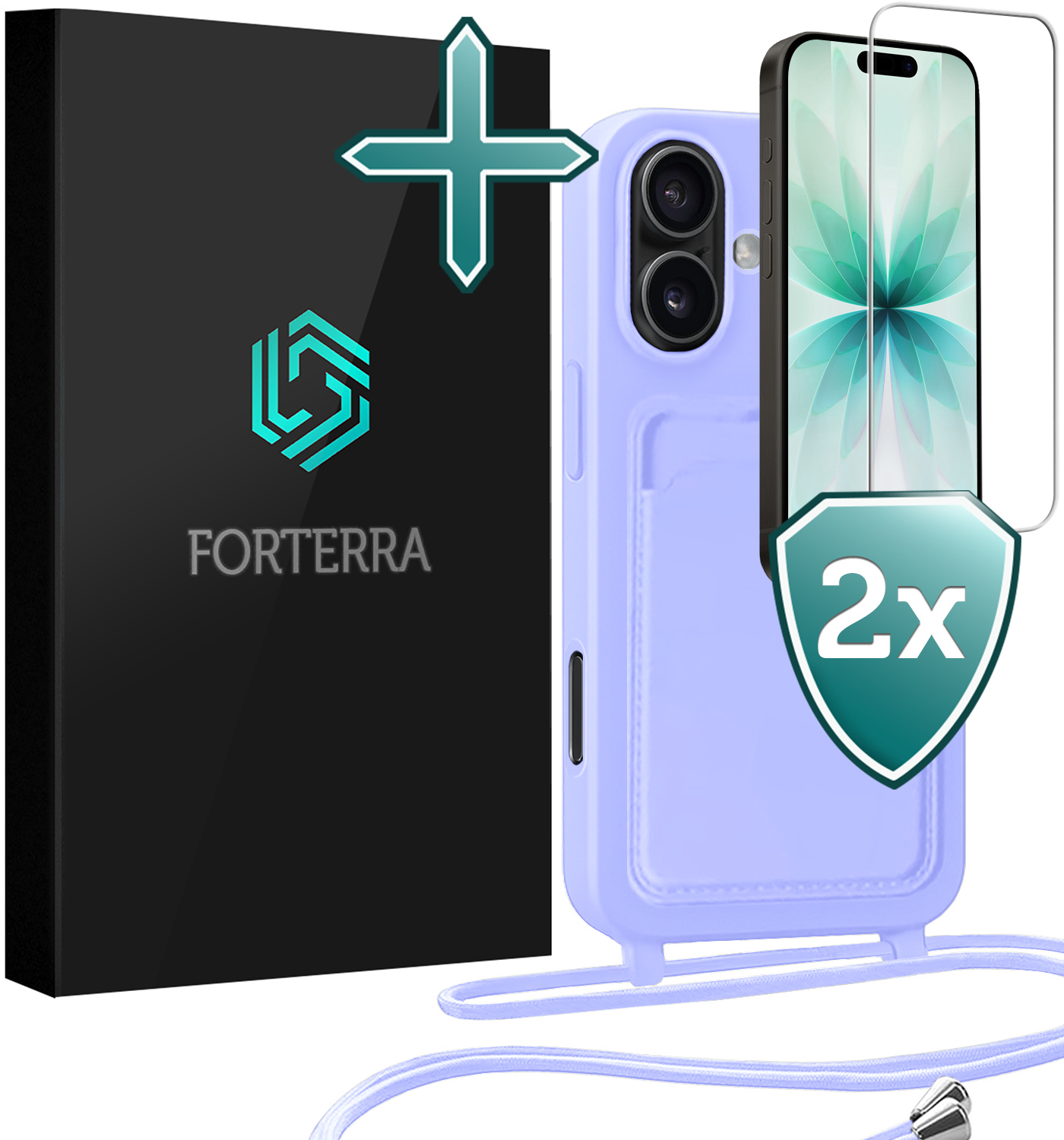 Forterra Forterra iPhone 17 Hoesje Pashouder met Koord Met 2x Screenprotector - Lila