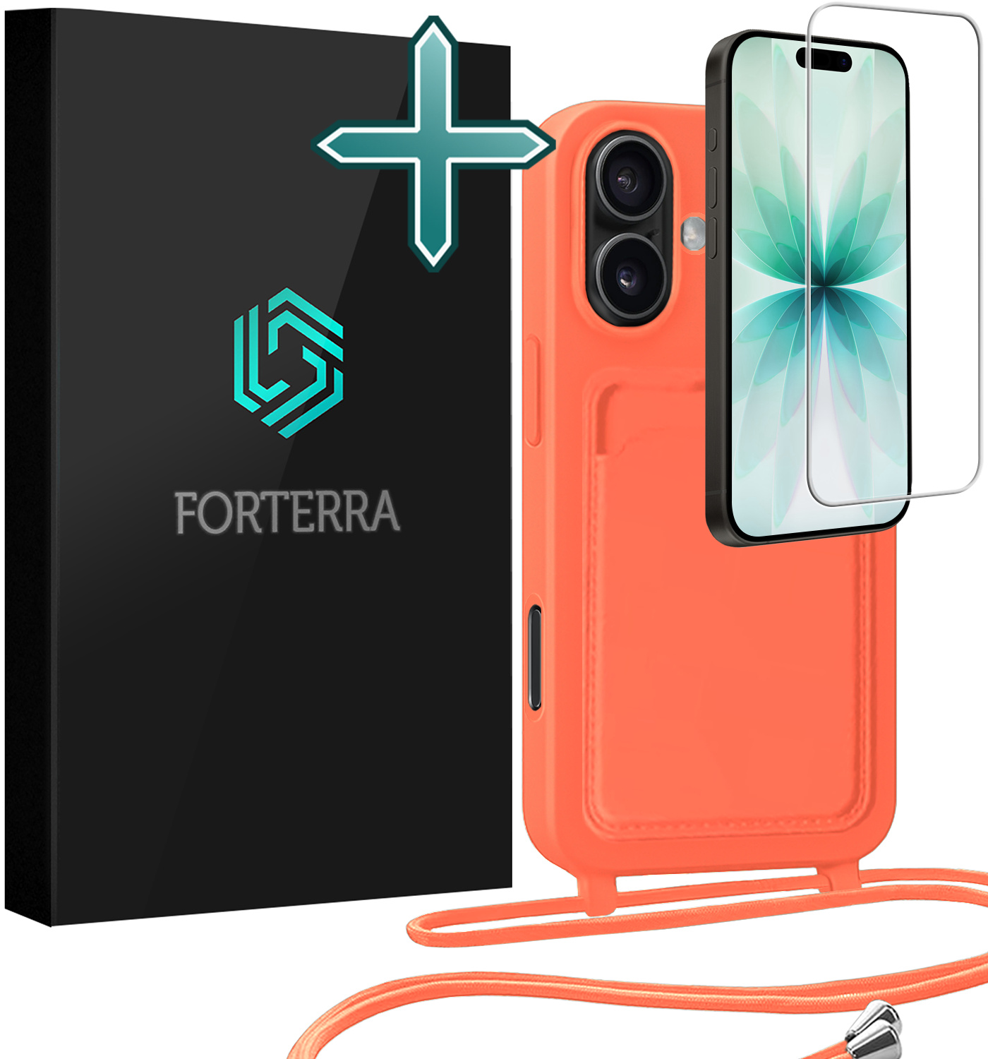Forterra Forterra iPhone 17 Hoesje Pashouder met Koord Met Screenprotector - Papaya
