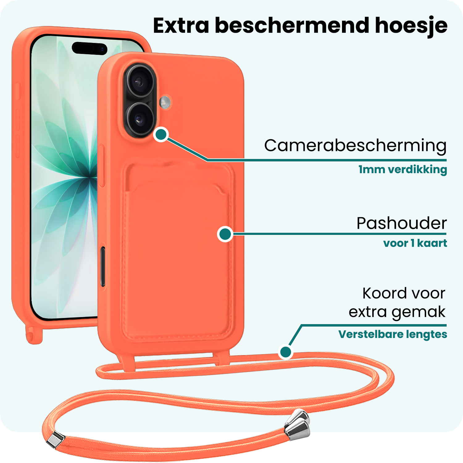 Forterra Forterra iPhone 17 Hoesje Pashouder met Koord Met 2x Screenprotector - Papaya
