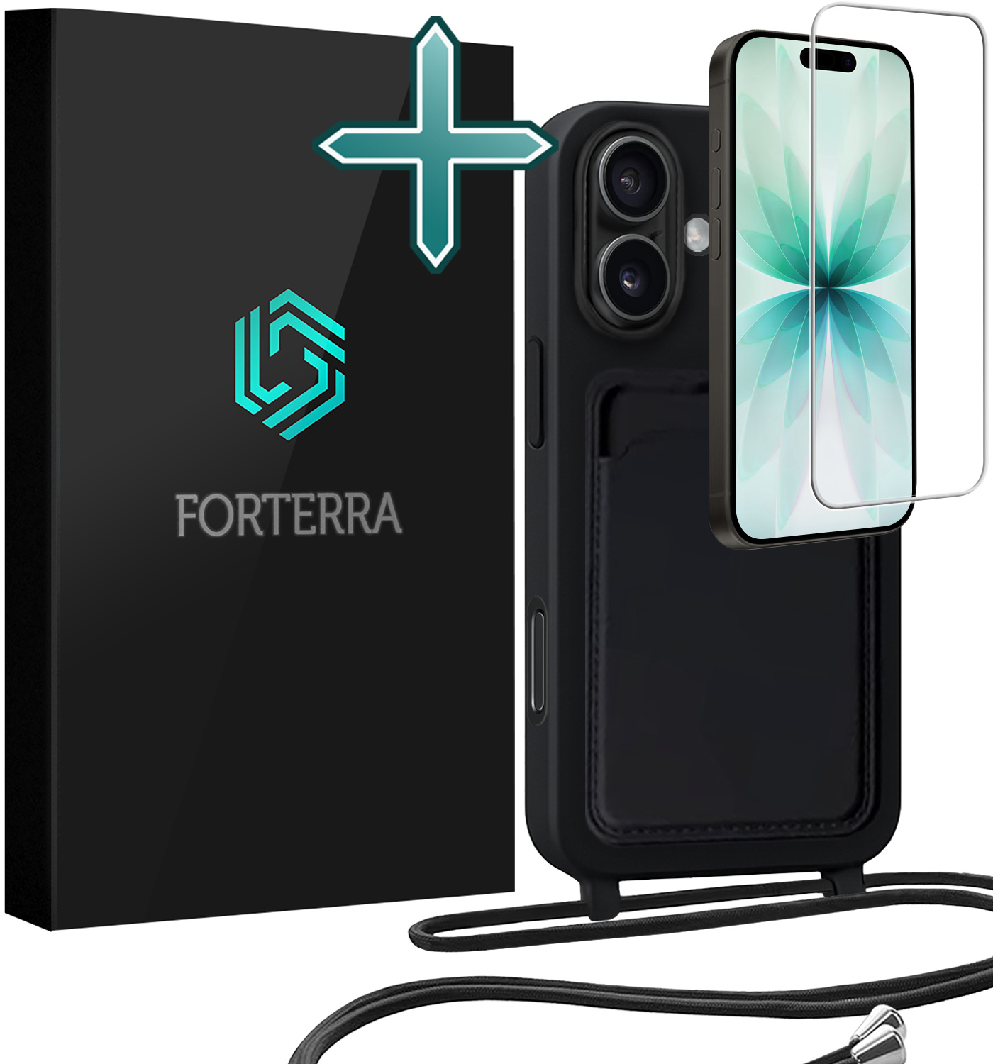 Forterra Forterra iPhone 17 Hoesje Pashouder met Koord Met Screenprotector - Zwart
