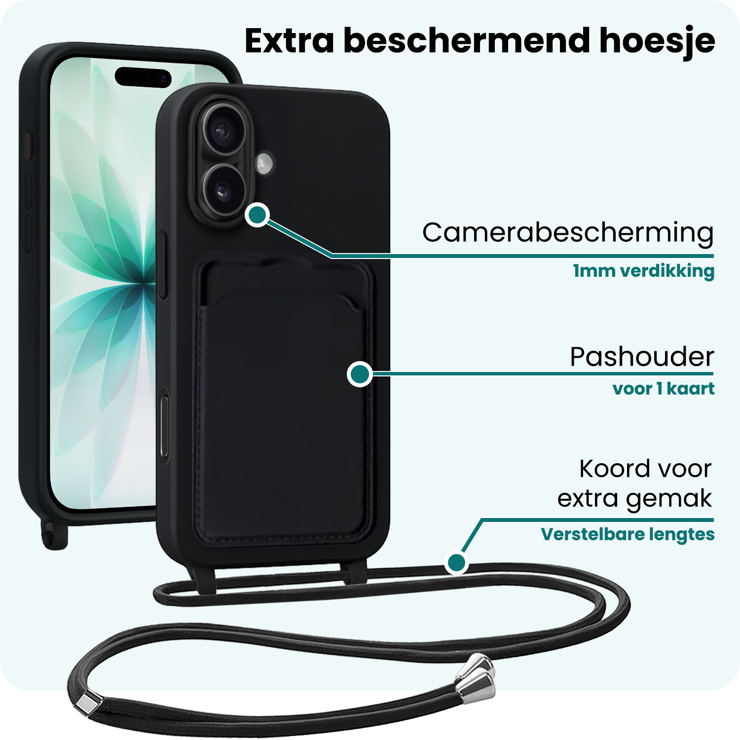 Forterra Forterra iPhone 17 Hoesje Pashouder met Koord Met Screenprotector - Zwart