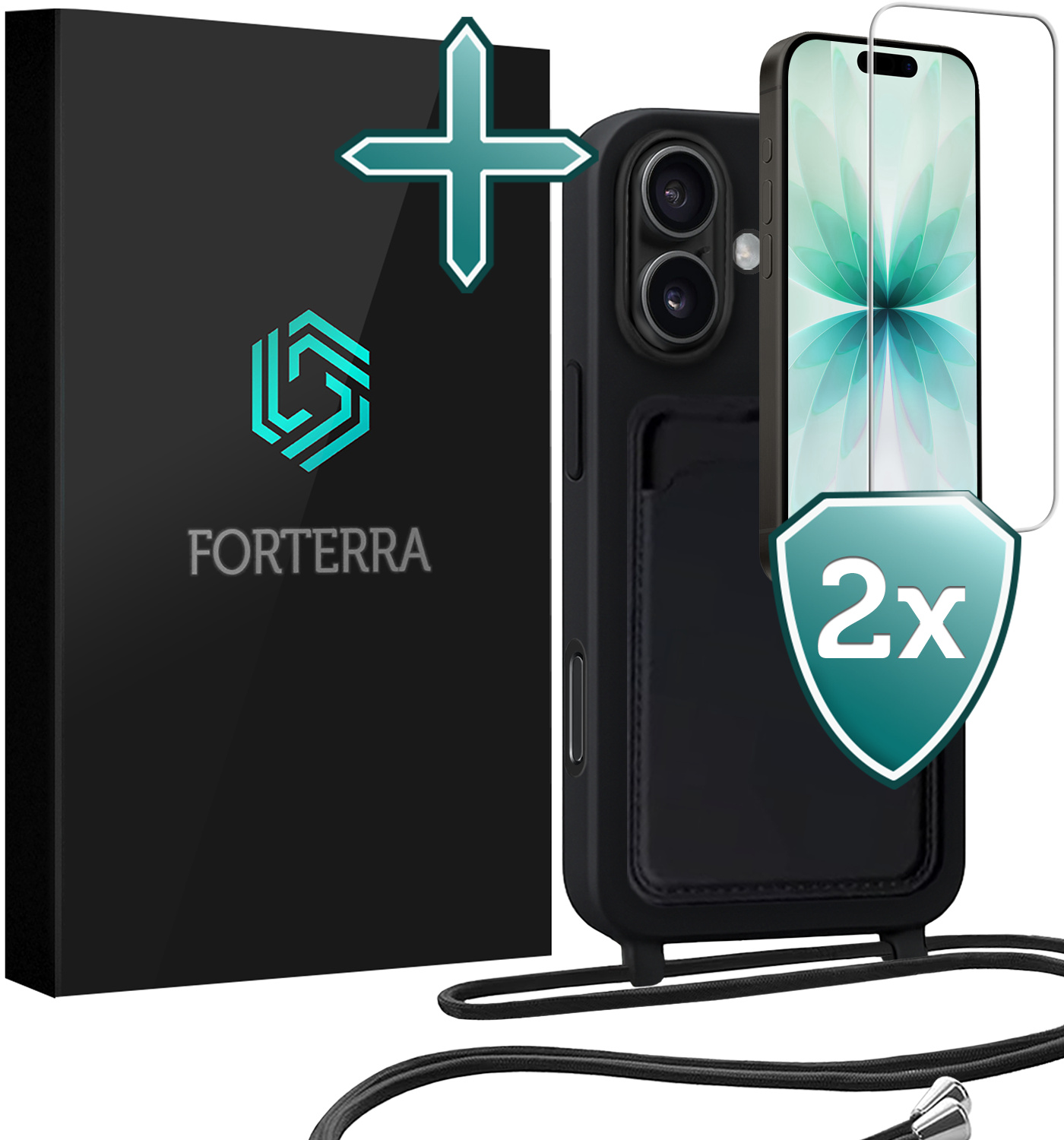 Forterra Forterra iPhone 17 Hoesje Pashouder met Koord Met 2x Screenprotector - Zwart