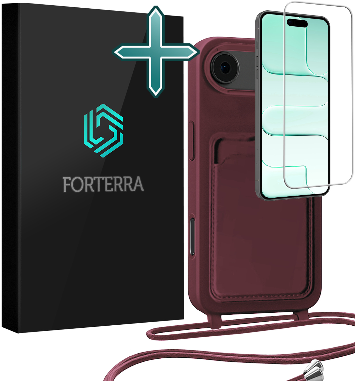 Forterra Forterra iPhone Air Hoesje Pashouder met Koord Met Screenprotector - Aubergine