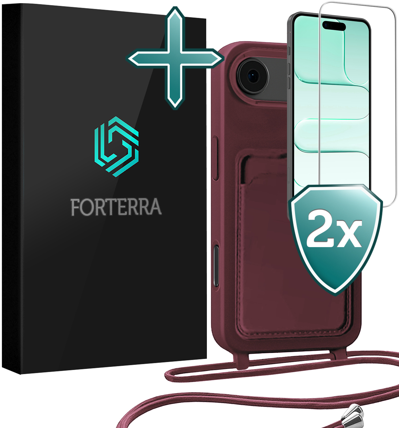 Forterra Forterra iPhone Air Hoesje Pashouder met Koord Met 2x Screenprotector - Aubergine