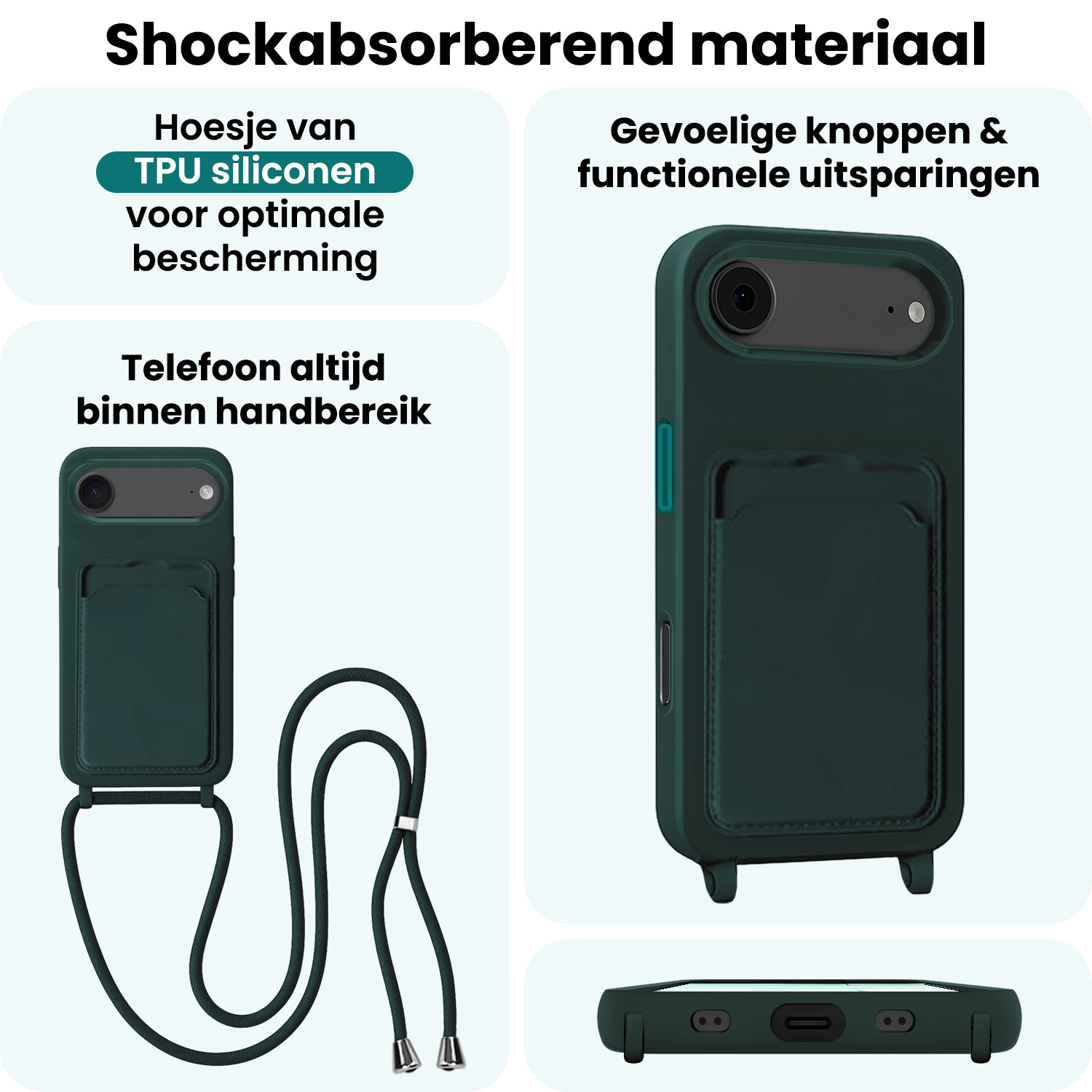 Forterra Forterra iPhone Air Hoesje Pashouder met Koord - Donkergroen - 2 PACK