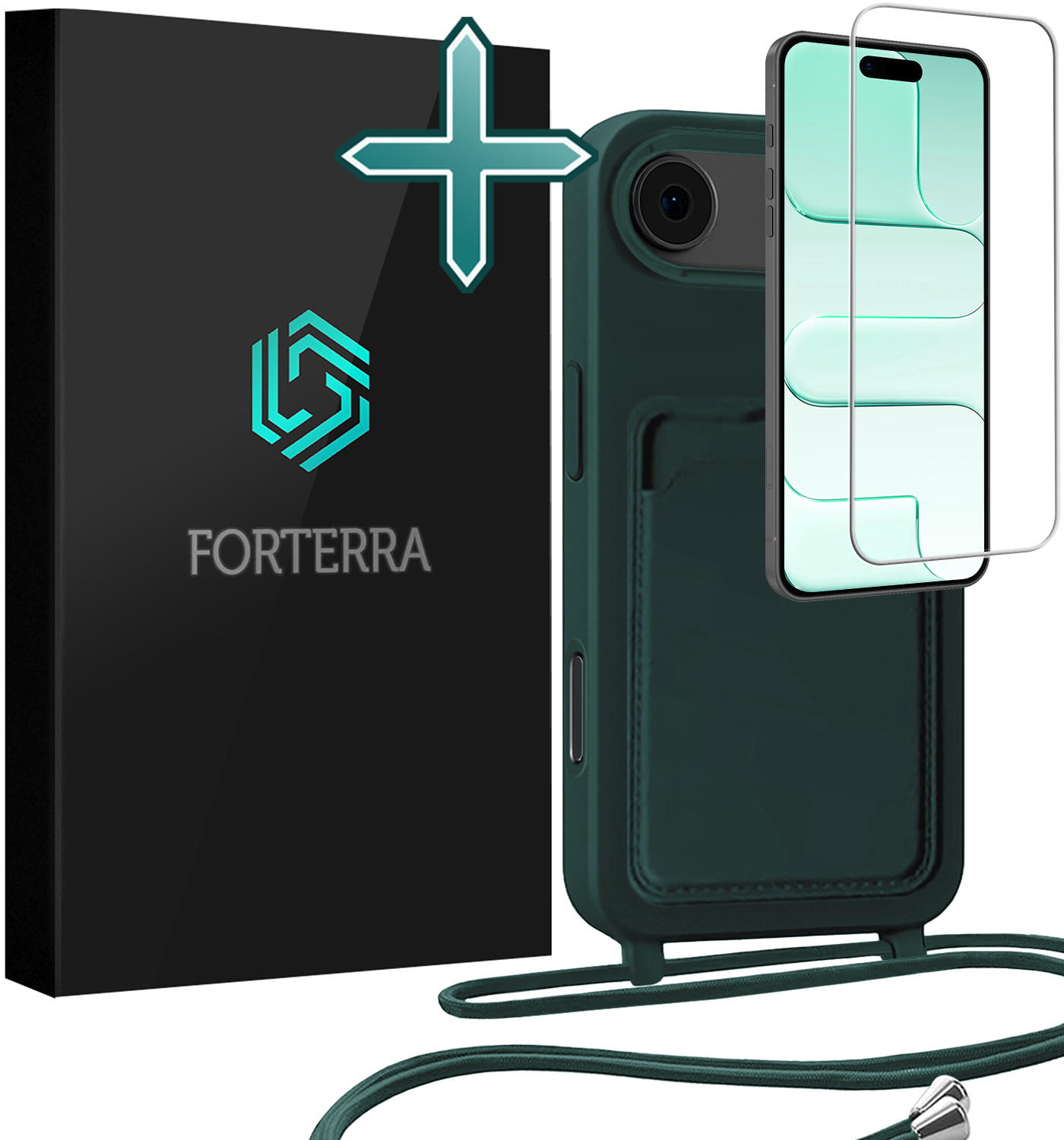 Forterra Forterra iPhone Air Hoesje Pashouder met Koord Met Screenprotector - Donkergroen