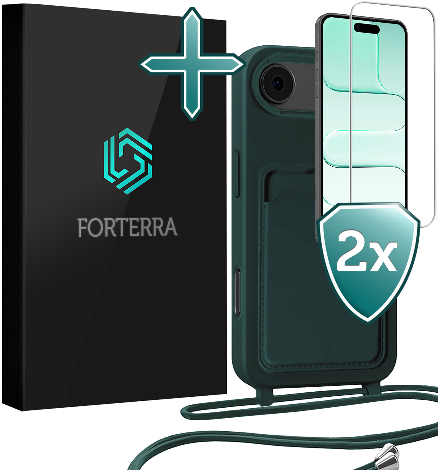 Forterra Forterra iPhone Air Hoesje Pashouder met Koord Met 2x Screenprotector - Donkergroen