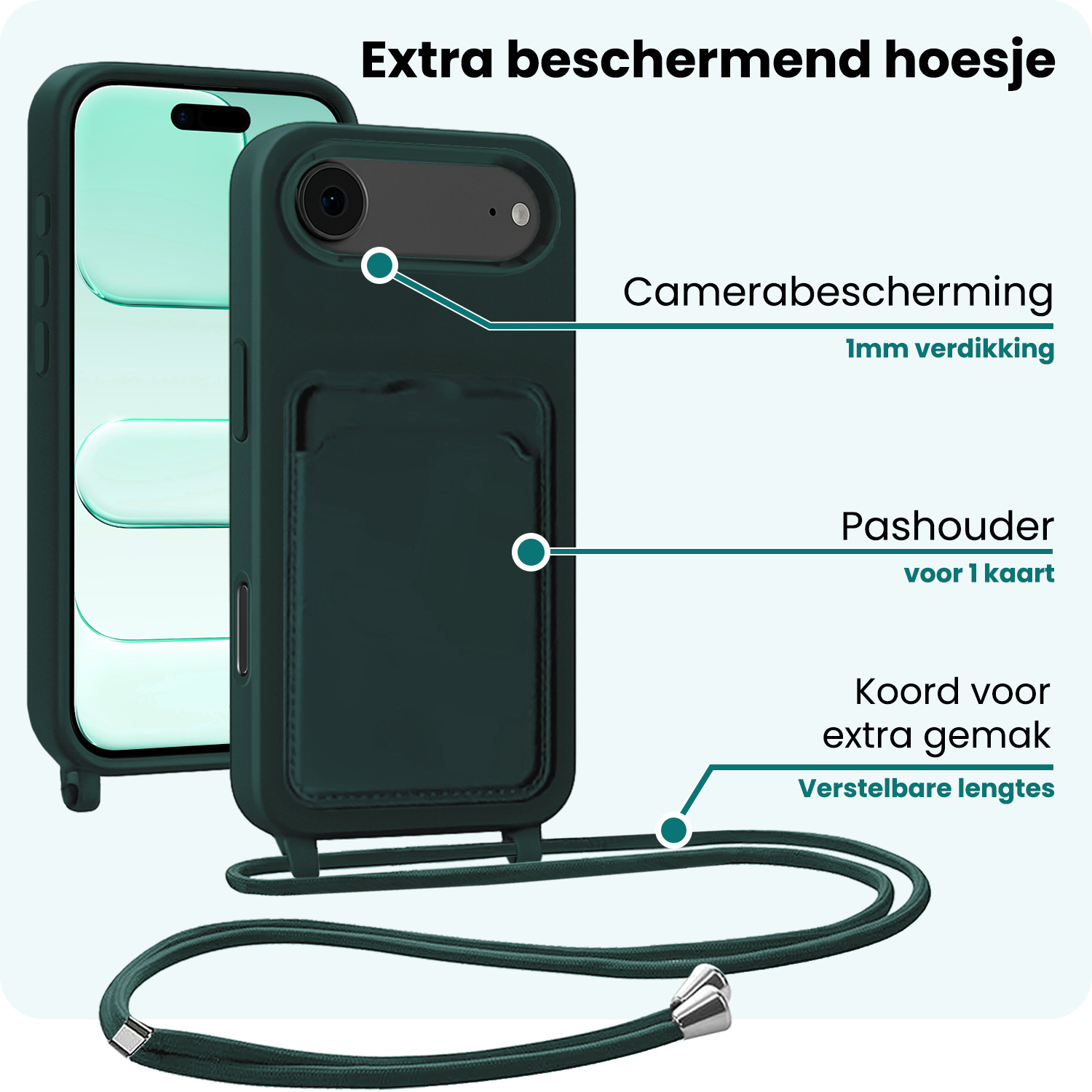 Forterra Forterra iPhone Air Hoesje Pashouder met Koord Met 2x Screenprotector - Donkergroen