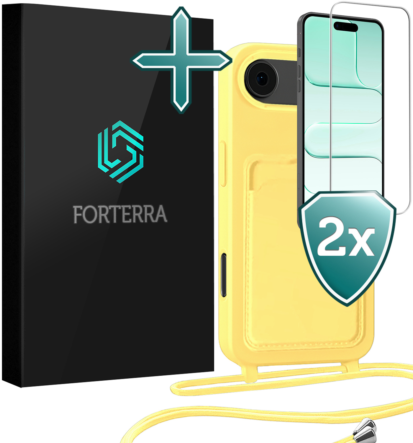 Forterra Forterra iPhone Air Hoesje Pashouder met Koord Met 2x Screenprotector - Geel