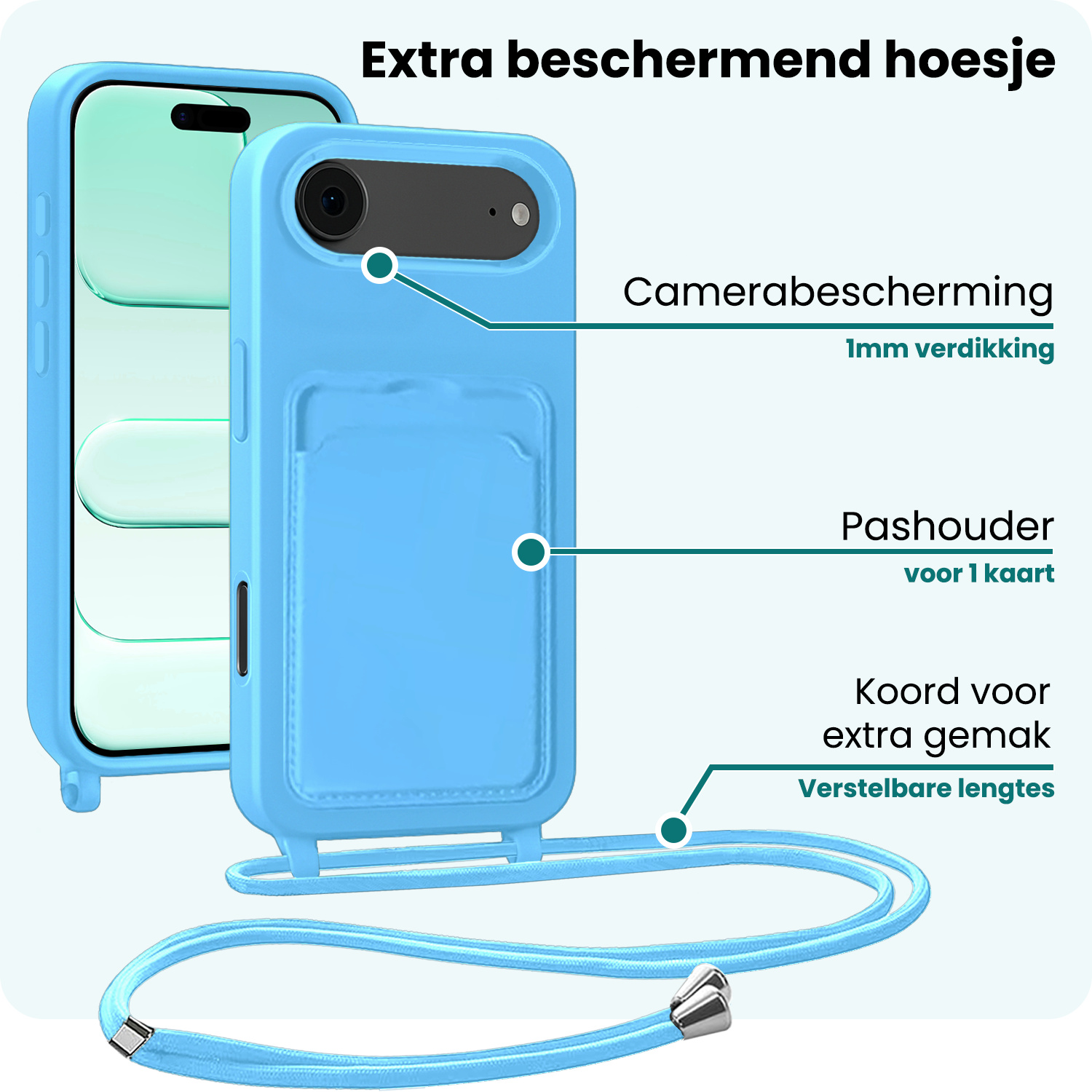 Forterra Forterra iPhone Air Hoesje Pashouder met Koord - Lichtblauw