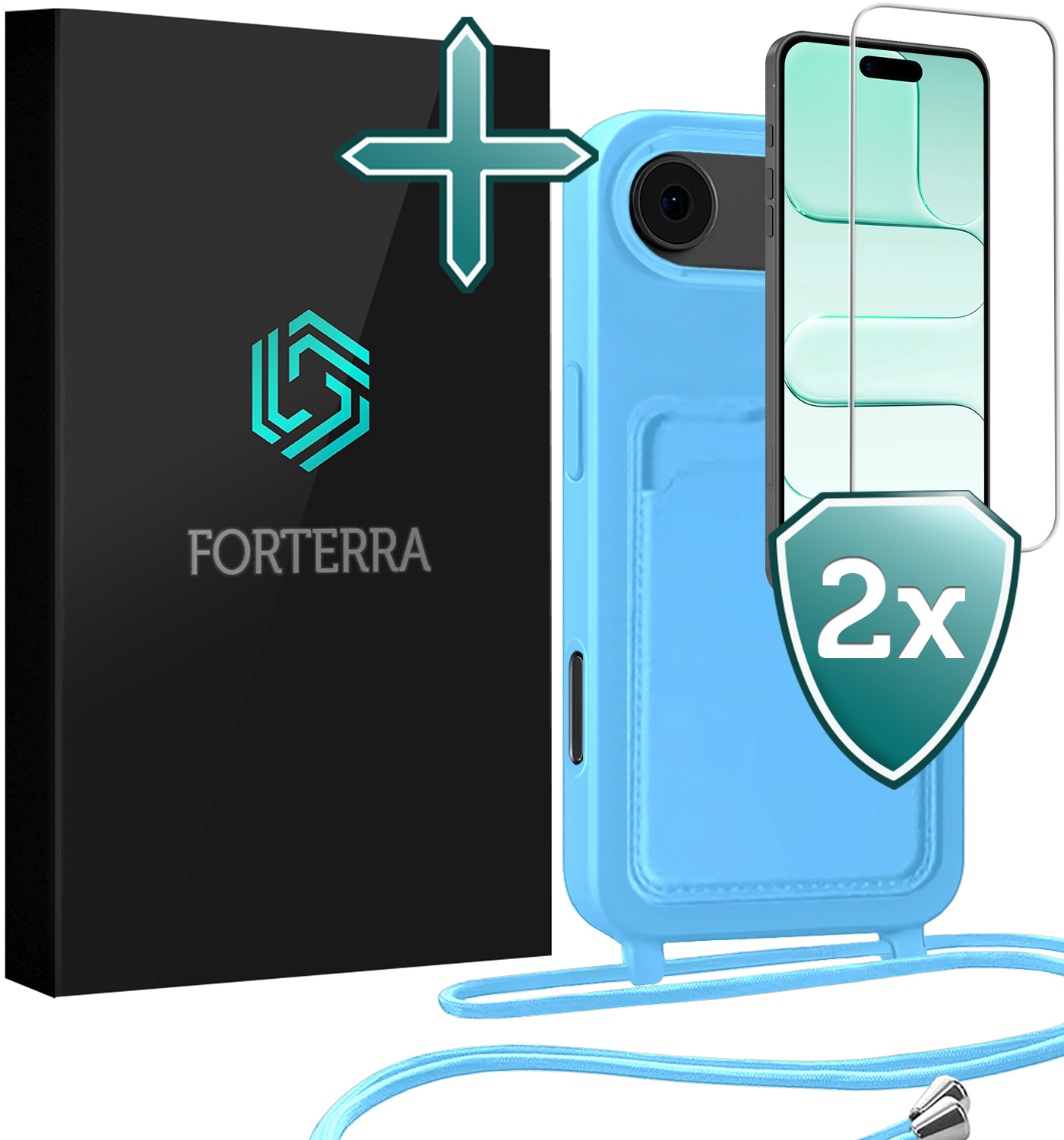 Forterra Forterra iPhone Air Hoesje Pashouder met Koord Met 2x Screenprotector - Lichtblauw