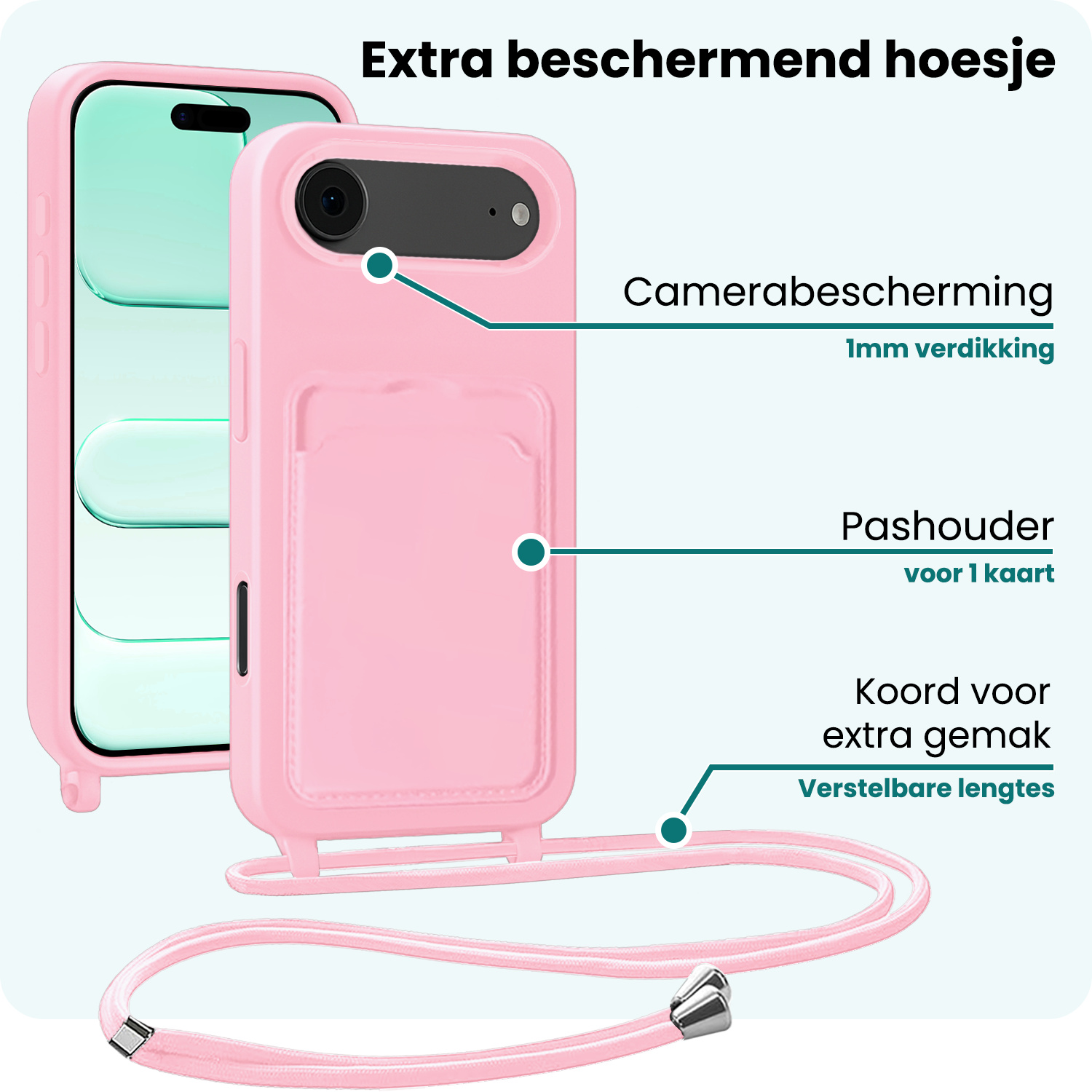Forterra Forterra iPhone Air Hoesje Pashouder met Koord Met Screenprotector - Lichtroze