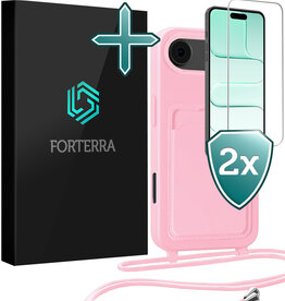 Forterra Forterra iPhone Air Hoesje Pashouder met Koord Met 2x Screenprotector - Lichtroze