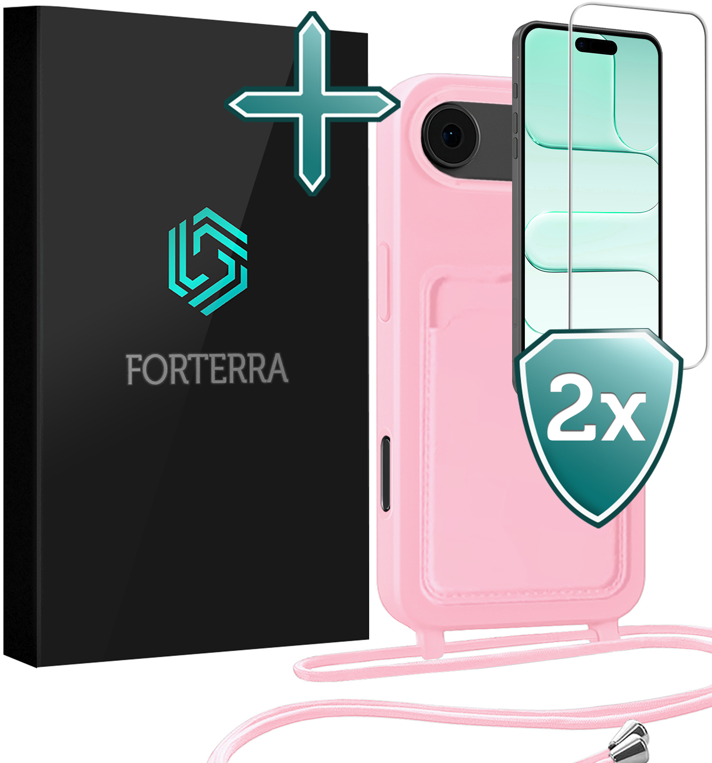 Forterra Forterra iPhone Air Hoesje Pashouder met Koord Met 2x Screenprotector - Lichtroze