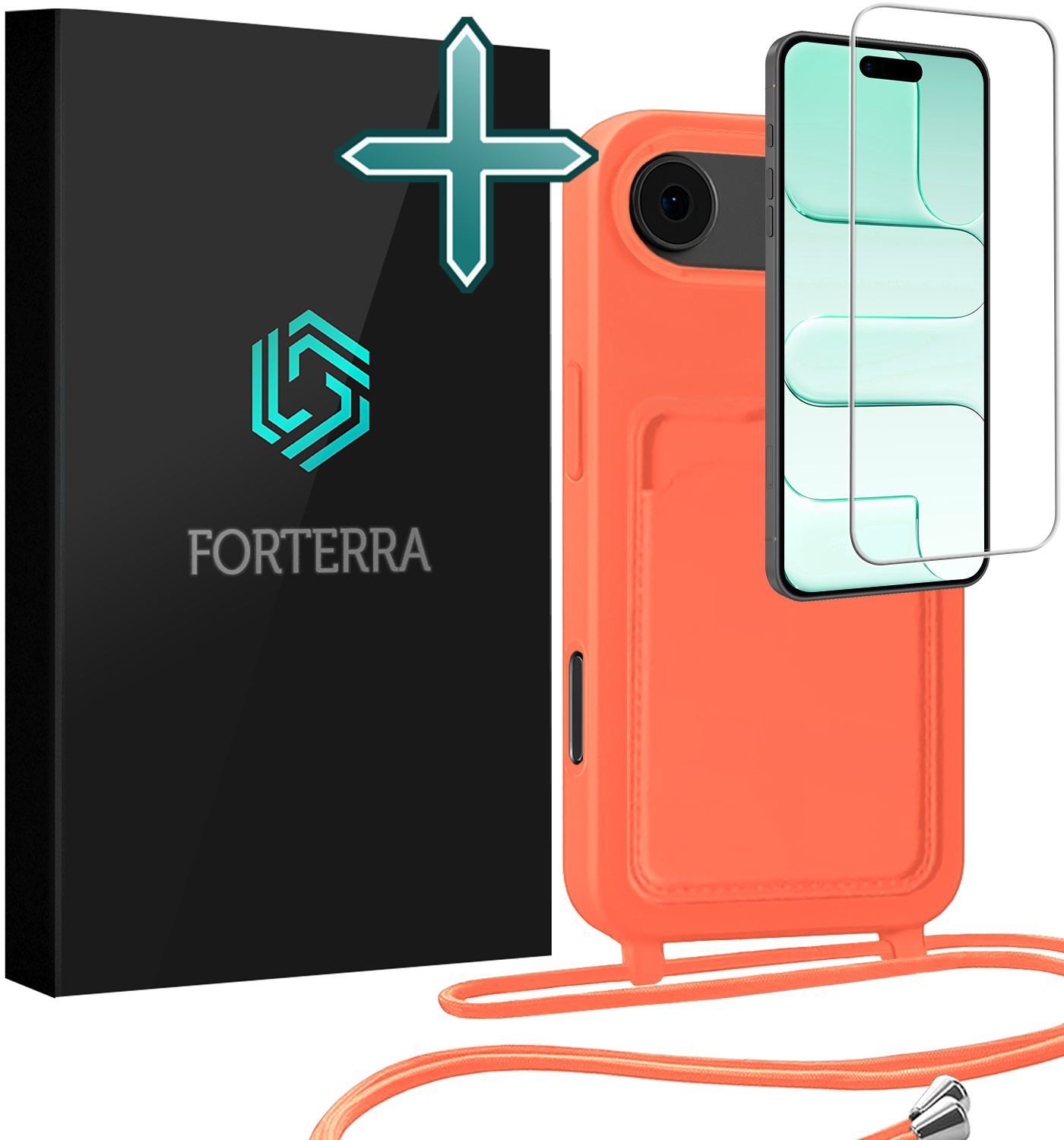 Forterra Forterra iPhone Air Hoesje Pashouder met Koord Met Screenprotector - Papaya