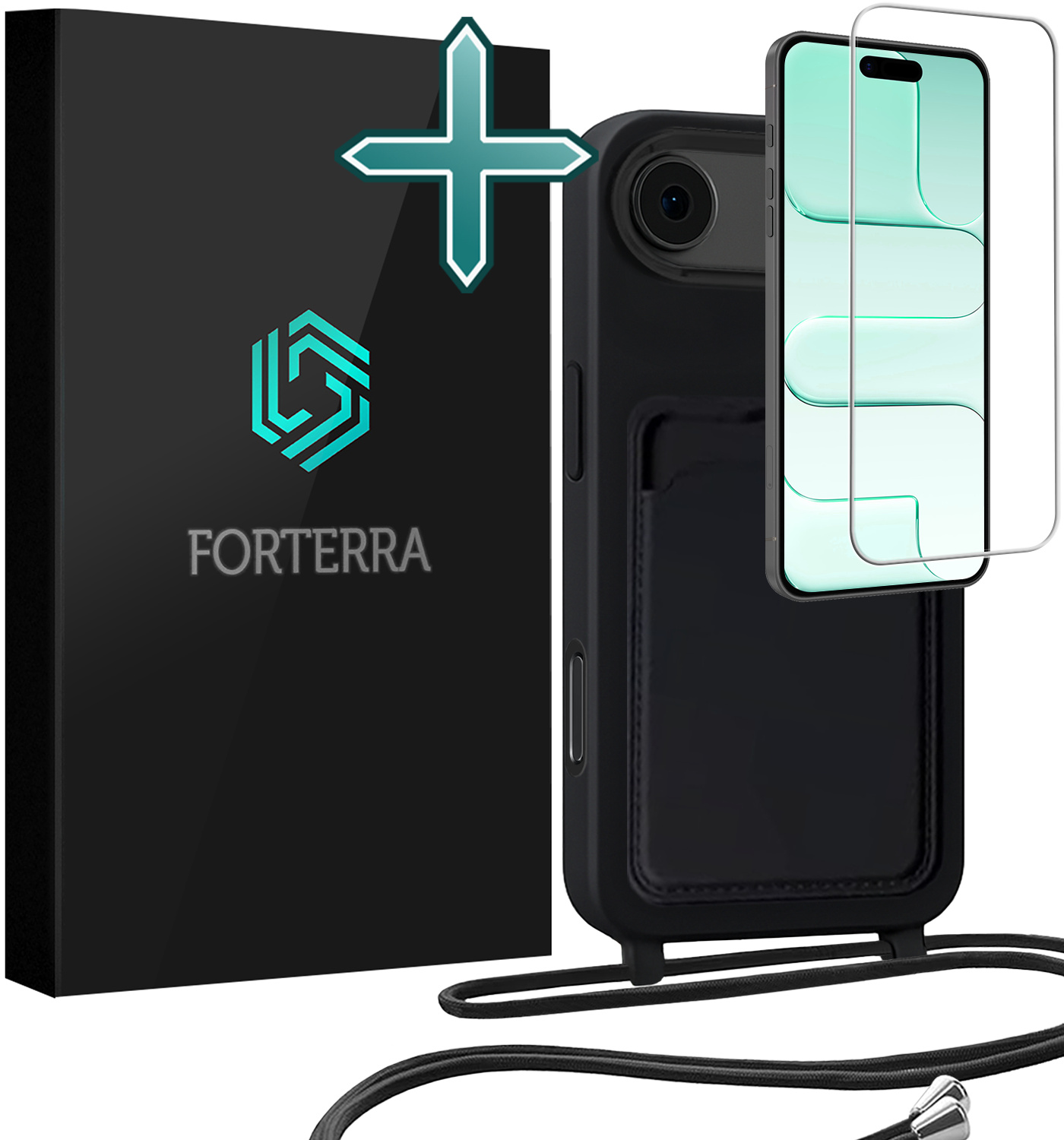 Forterra Forterra iPhone Air Hoesje Pashouder met Koord Met Screenprotector - Zwart