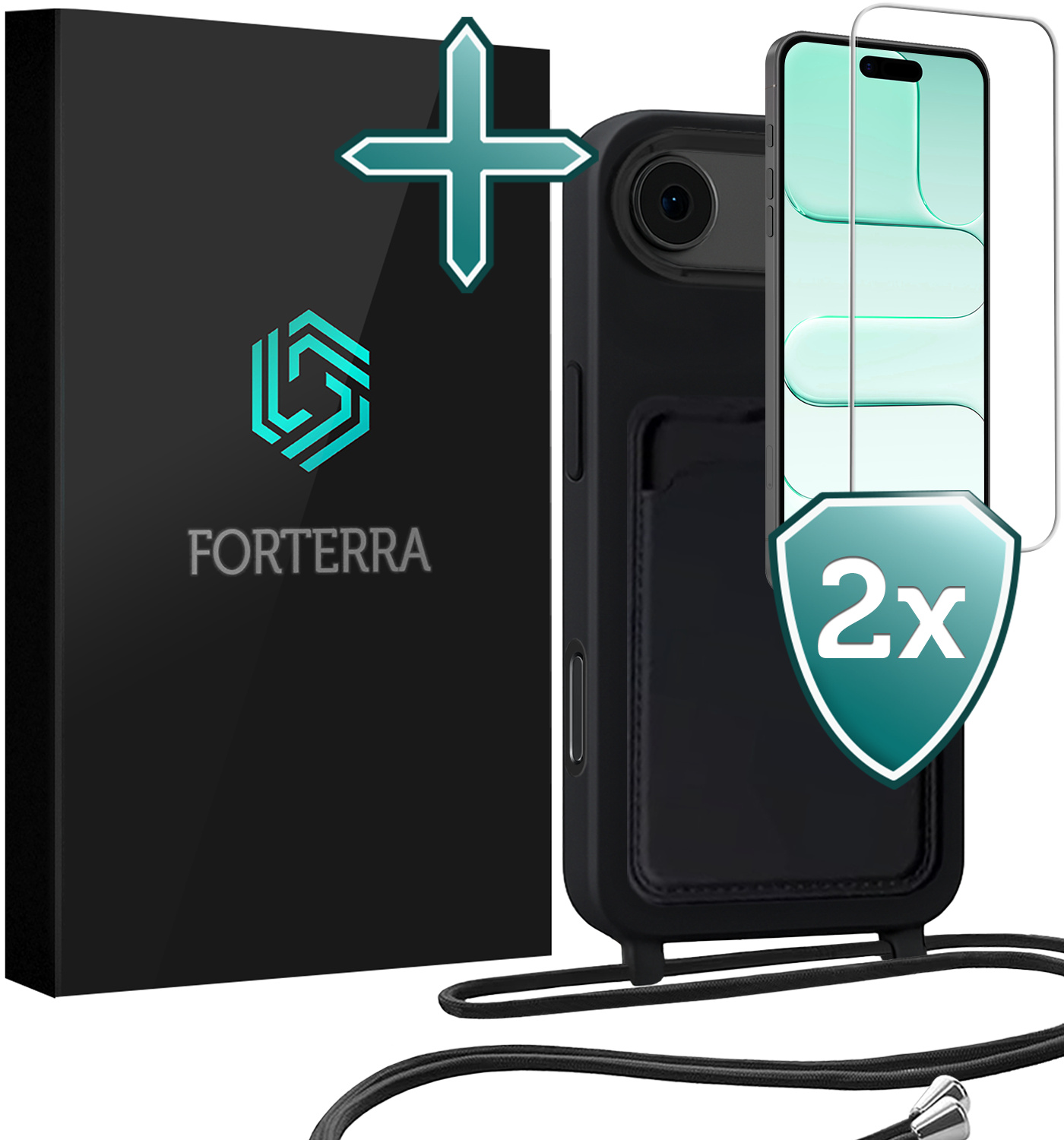 Forterra Forterra iPhone Air Hoesje Pashouder met Koord Met 2x Screenprotector - Zwart