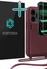 Forterra Forterra iPhone 17 Pro Hoesje Pashouder met Koord Met Screenprotector - Aubergine