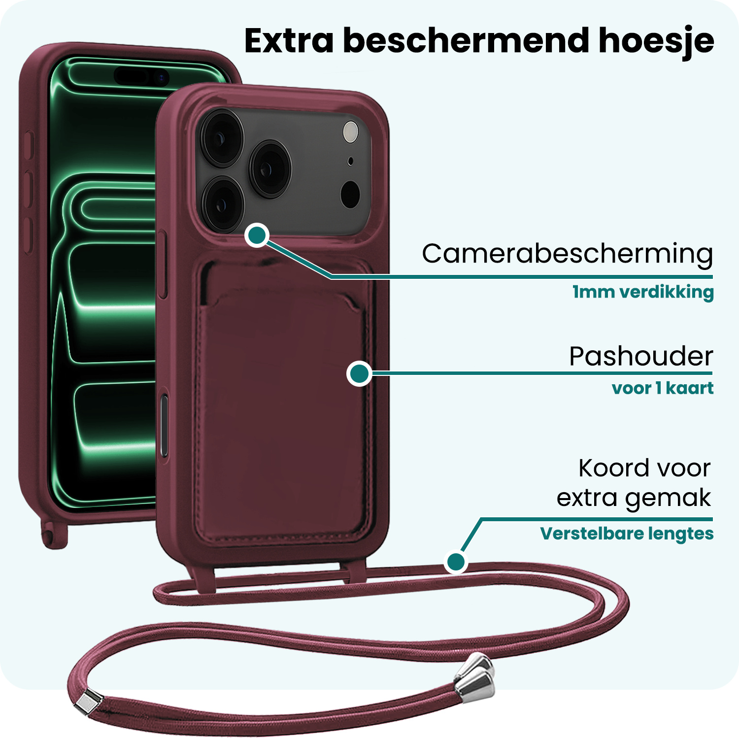 Forterra Forterra iPhone 17 Pro Hoesje Pashouder met Koord Met 2x Screenprotector - Aubergine