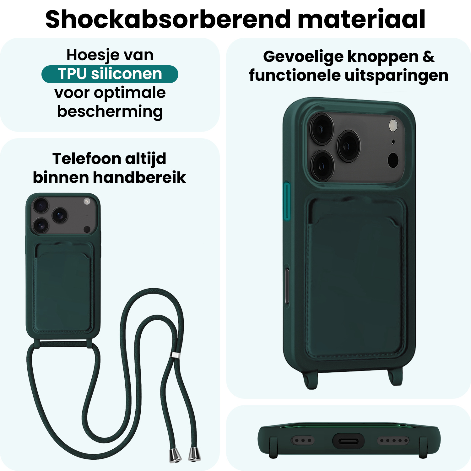 Forterra Forterra iPhone 17 Pro Hoesje Pashouder met Koord - Donkergroen