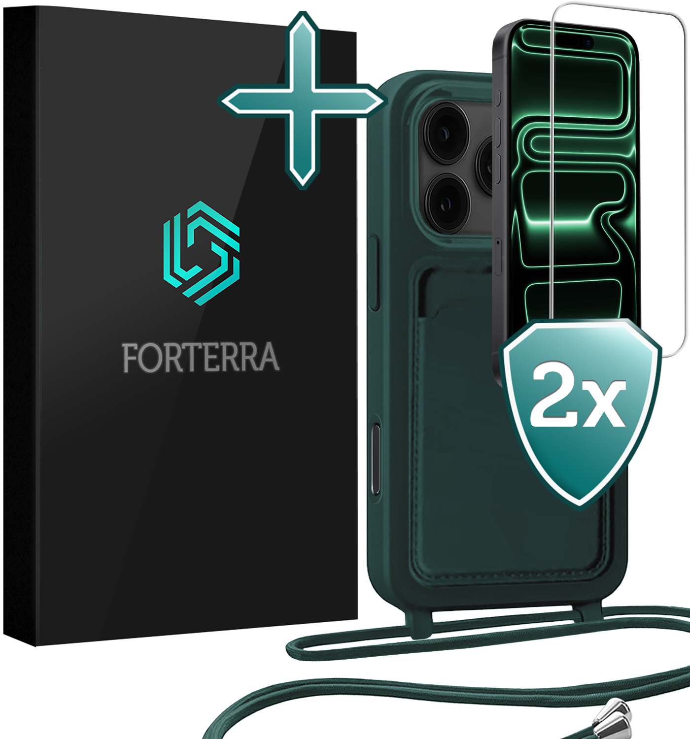 Forterra Forterra iPhone 17 Pro Hoesje Pashouder met Koord Met 2x Screenprotector - Donkergroen