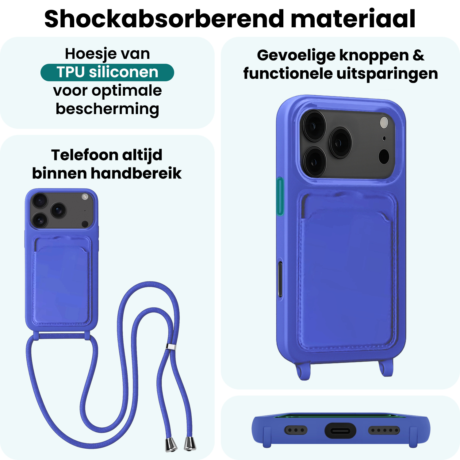 Forterra Forterra iPhone 17 Pro Hoesje Pashouder met Koord - Fel Blauw - 2 PACK